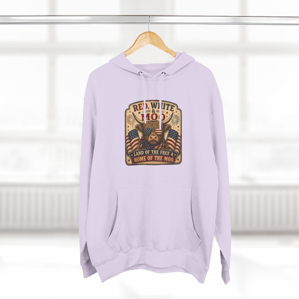 Red, White, & Moo Highland Cow Three-Panel Fleece Hoodie