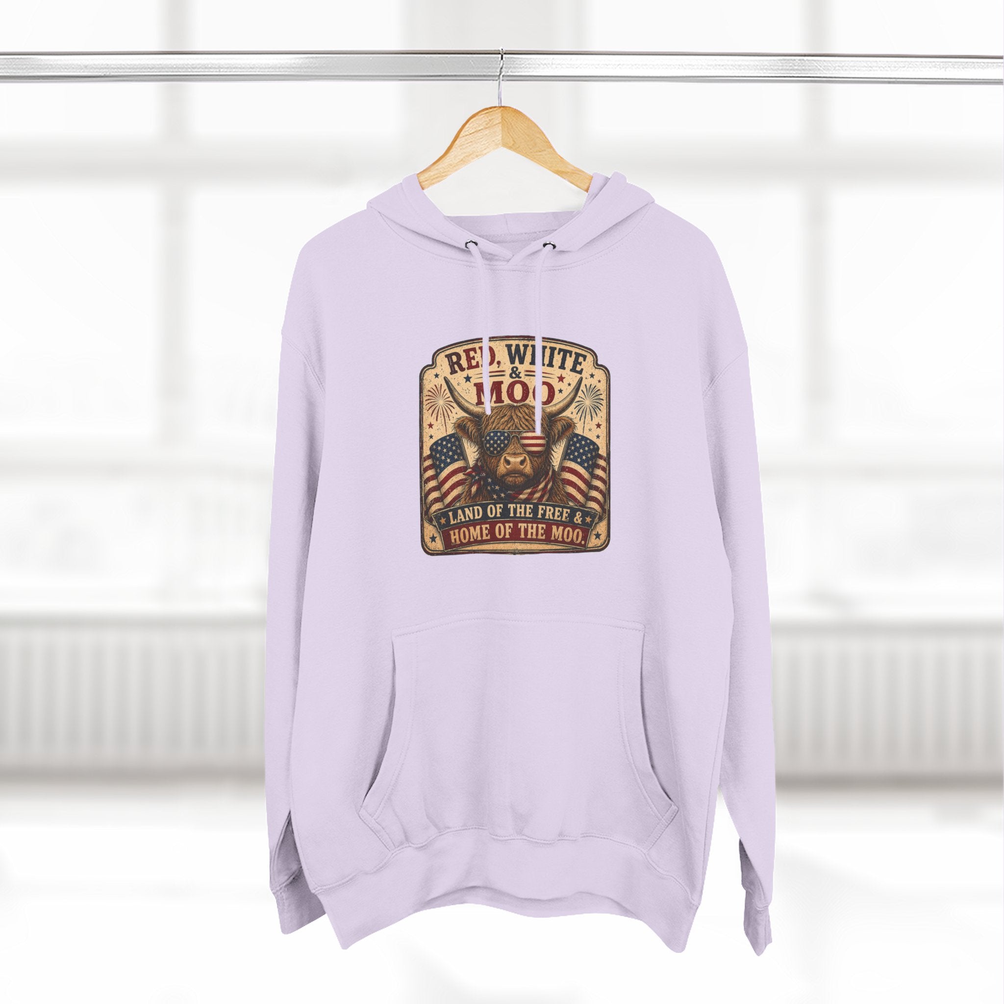 Red, White, & Moo Highland Cow Three-Panel Fleece Hoodie