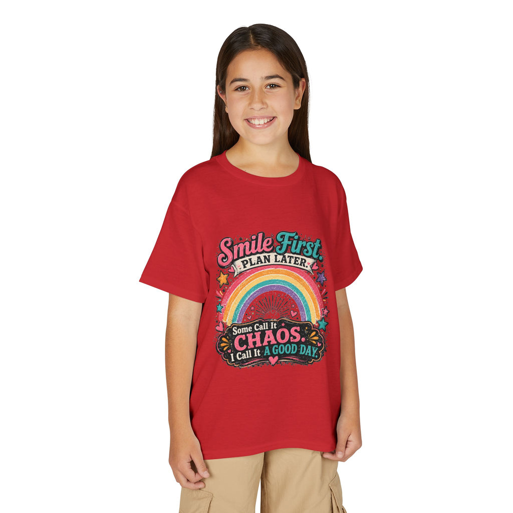 "Smile First, Plan Later" Rainbow Chaos Graphic Tee - Youth T-Shirt —