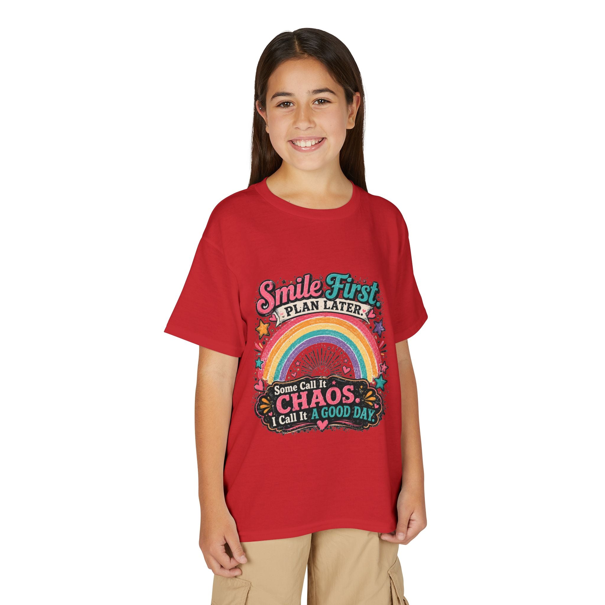 "Smile First, Plan Later" Rainbow Chaos Graphic Tee - Youth T-Shirt —
