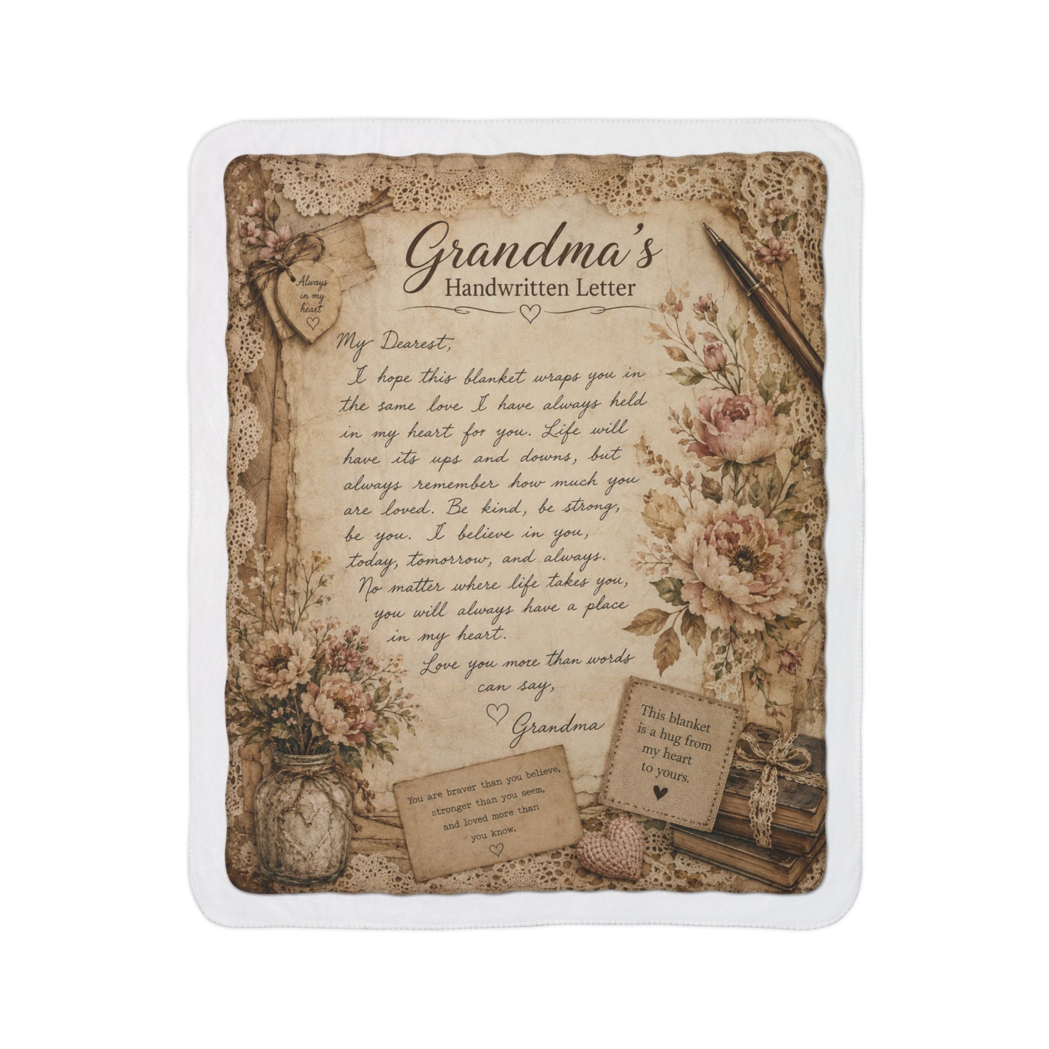 Grandma’s Handwritten Letter Fleece Sherpa Blanket — Vintage Floral Keepsake