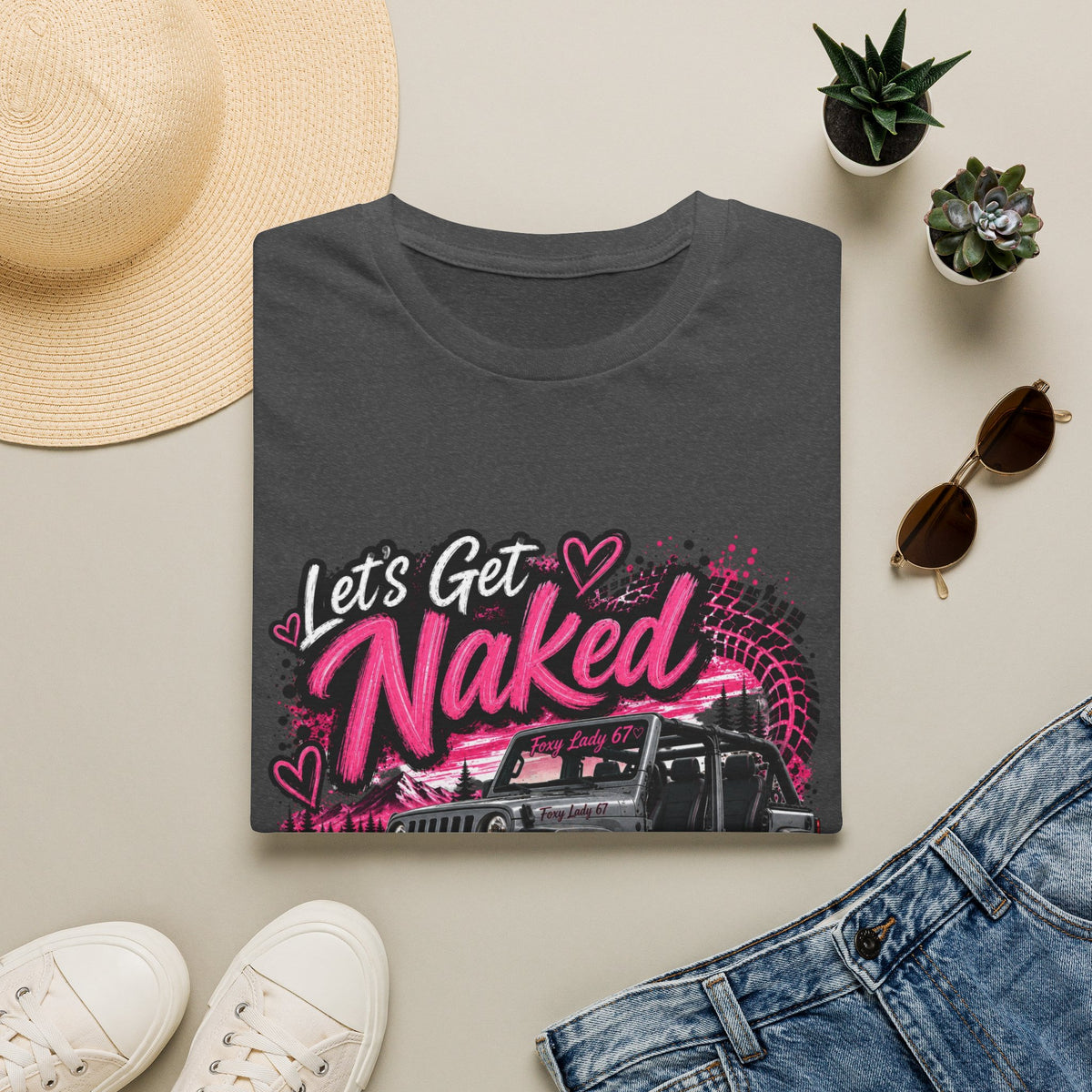 Jeep 'Let's Get Naked' Graphic T-Shirt — (Pink) Funny Off-Roading Top