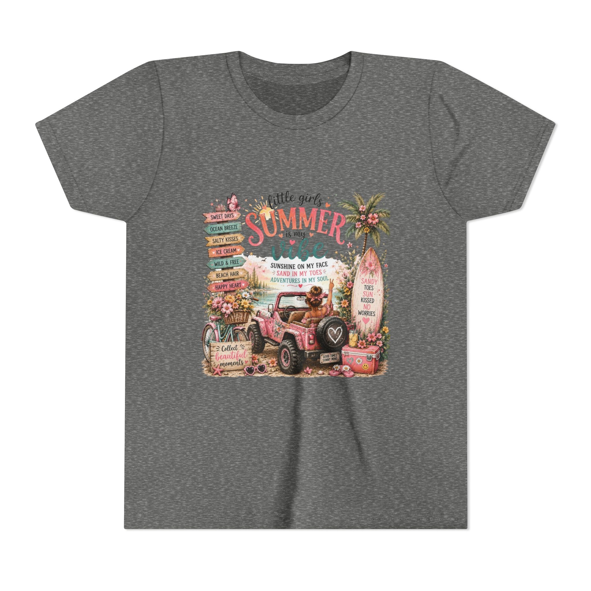 "Little Girls Summer Vibe" Tropical Jeep Surfboard Beach Graphic - Youth Tee