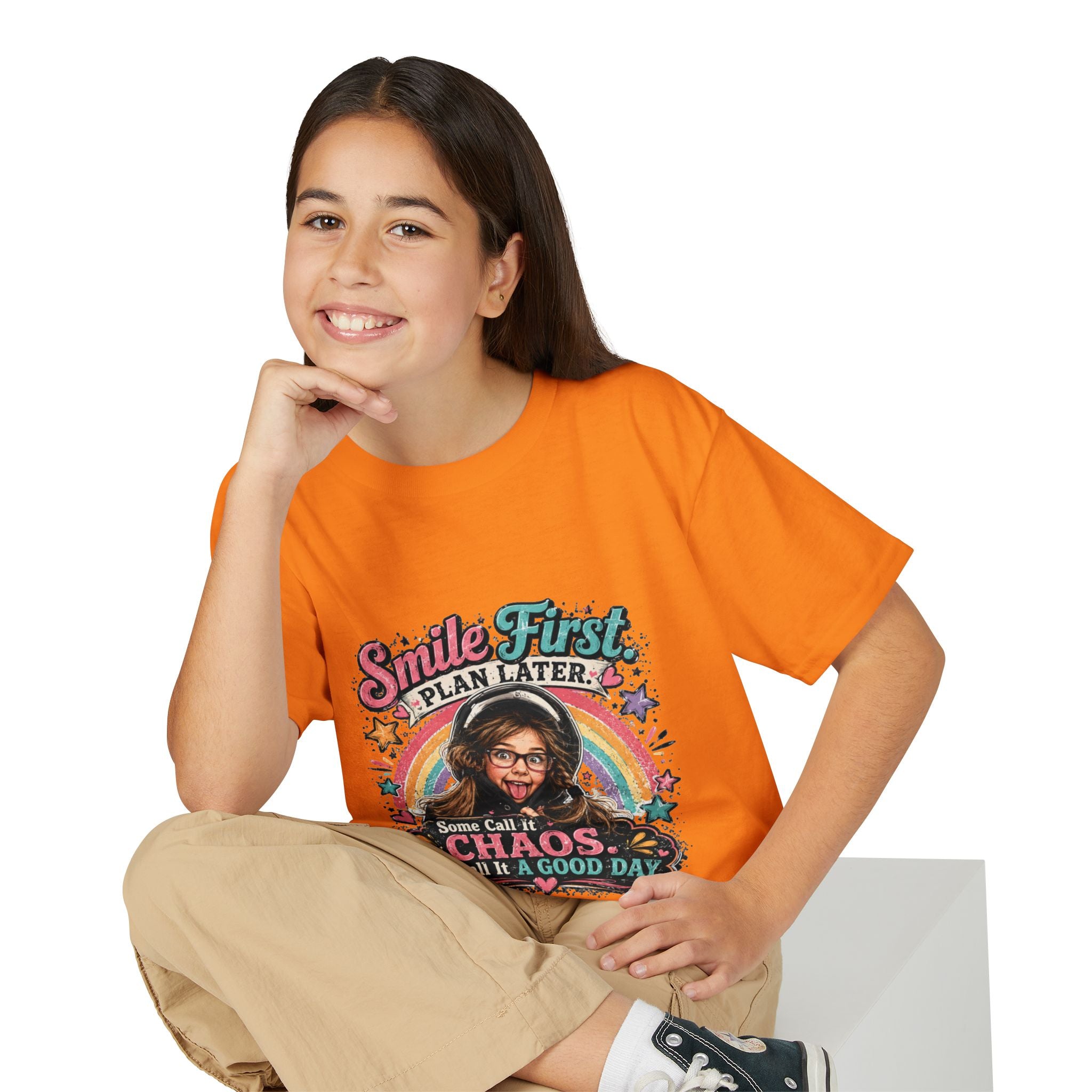 "Smile First, Plan Later" Funny Chaos Rainbow Kids Tee — Youth T-Shirt