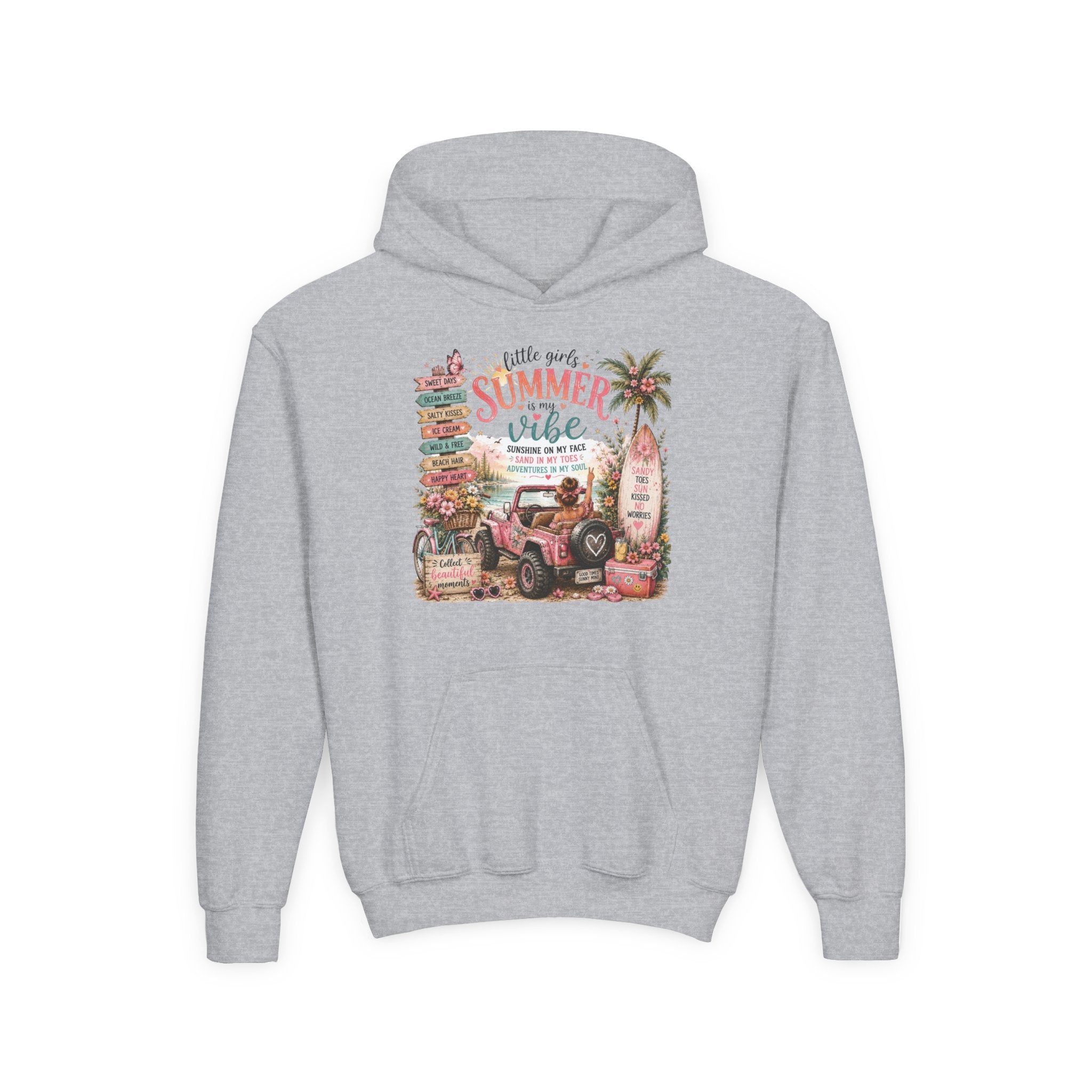 "Hello Good Ol' Summer Vibe" Beach Jeep Design – Youth Summer Vibes Hoodie