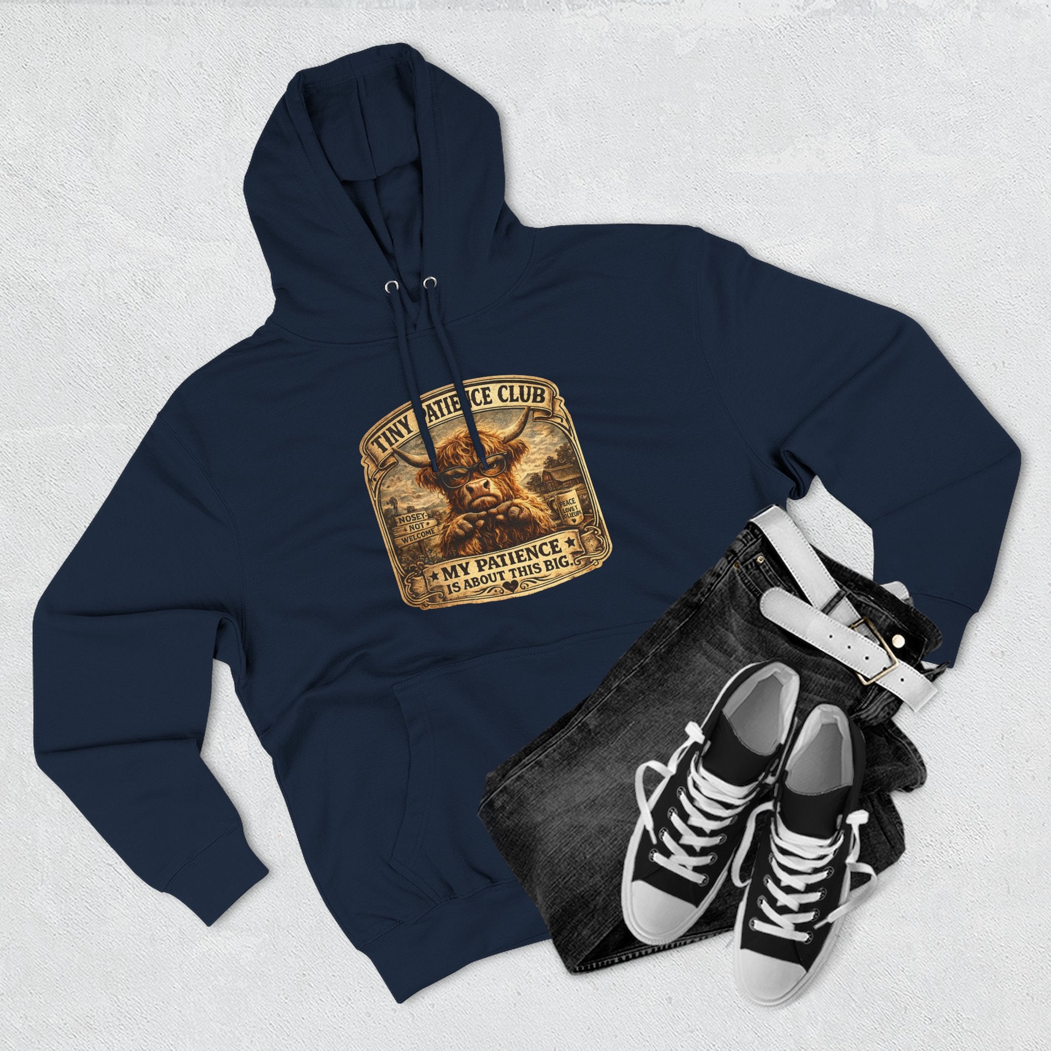 Tiny Patience Club Highland Cow Three-Panel Fleece Hoodie