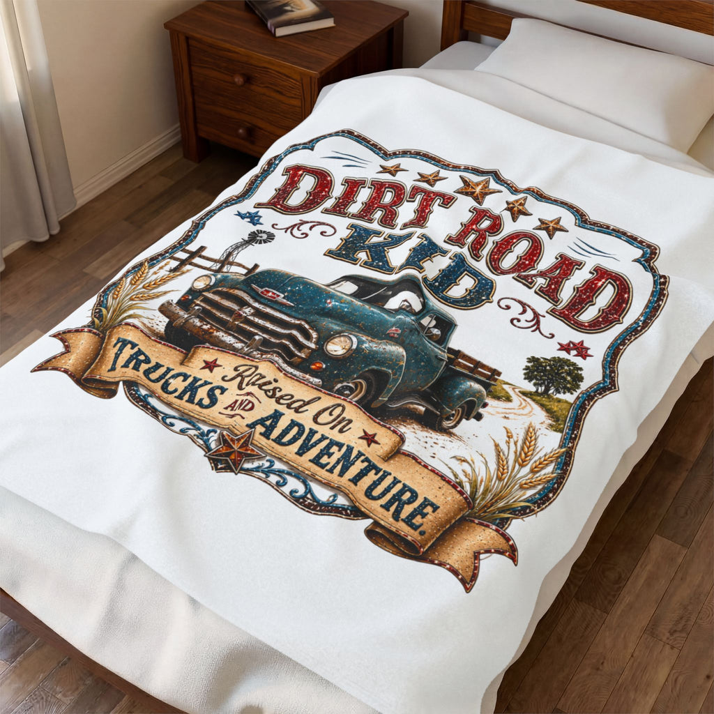 "Dirt Road Kid: Raised on Trucks & Adventure" Retro Truck Throw — Velveteen Blanket
