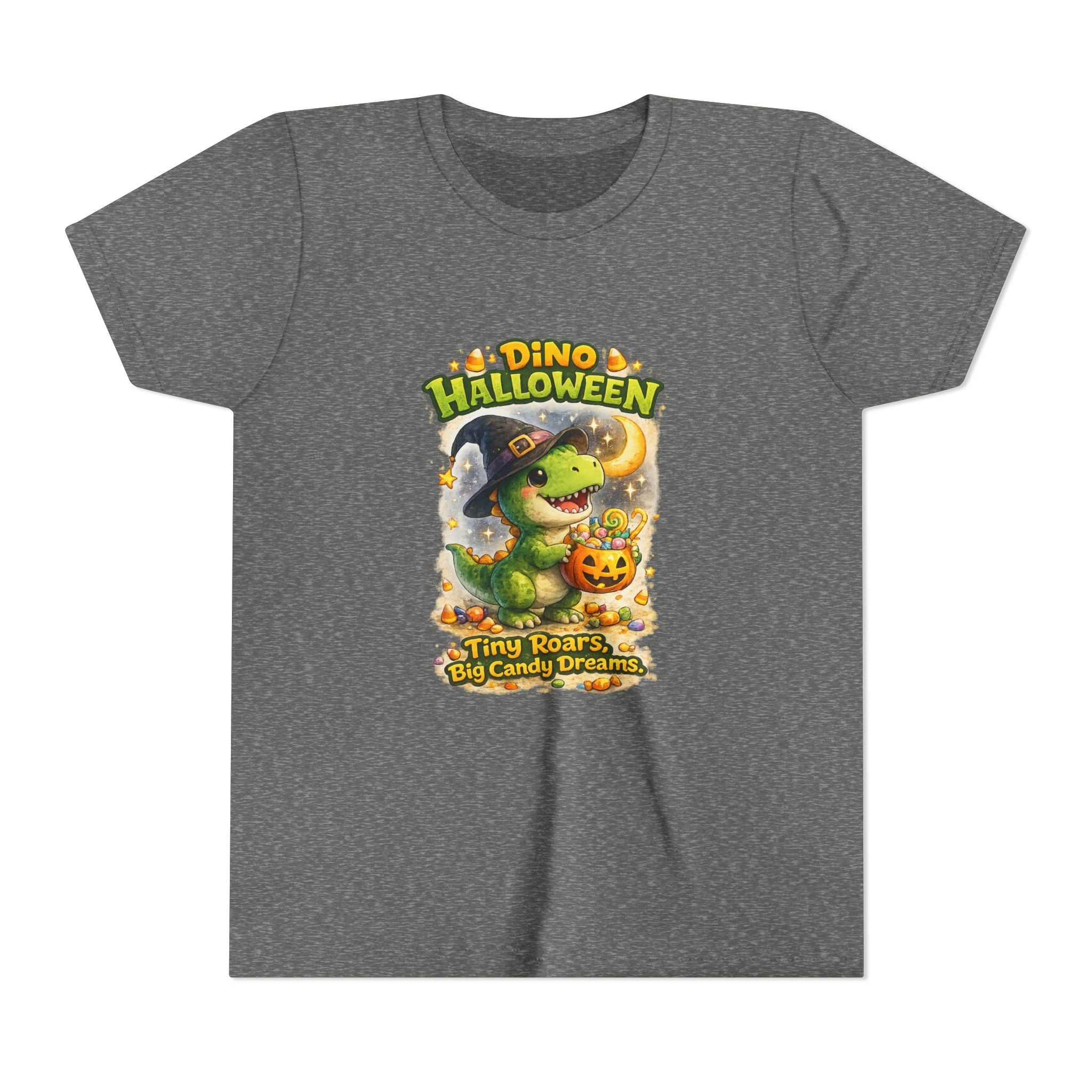 Dino Halloween "Tiny Roars, Big Candy Dreams" Cute Trick-or-Treat T-Shirt - Youth Tee
