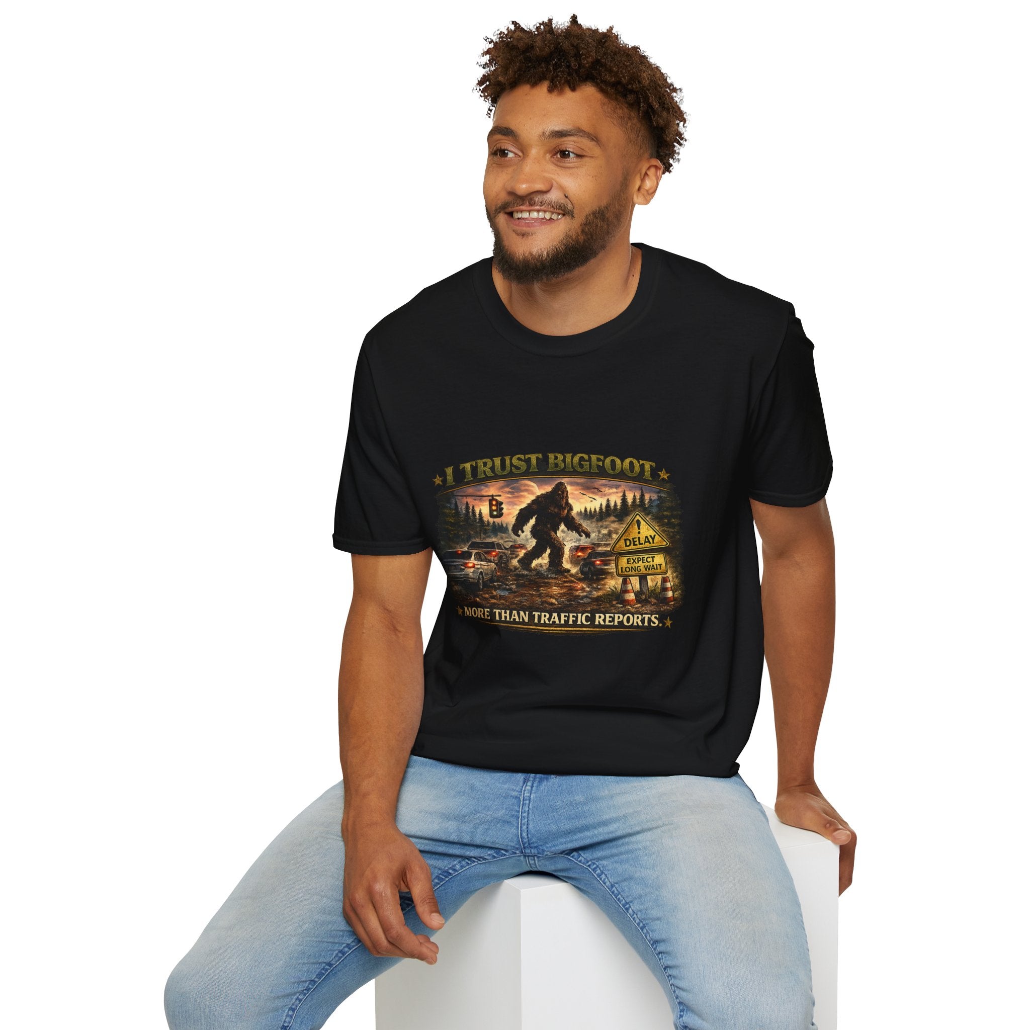 Bigfoot Graphic T-Shirt — "I Trust Bigfoot" Vintage Forest Design