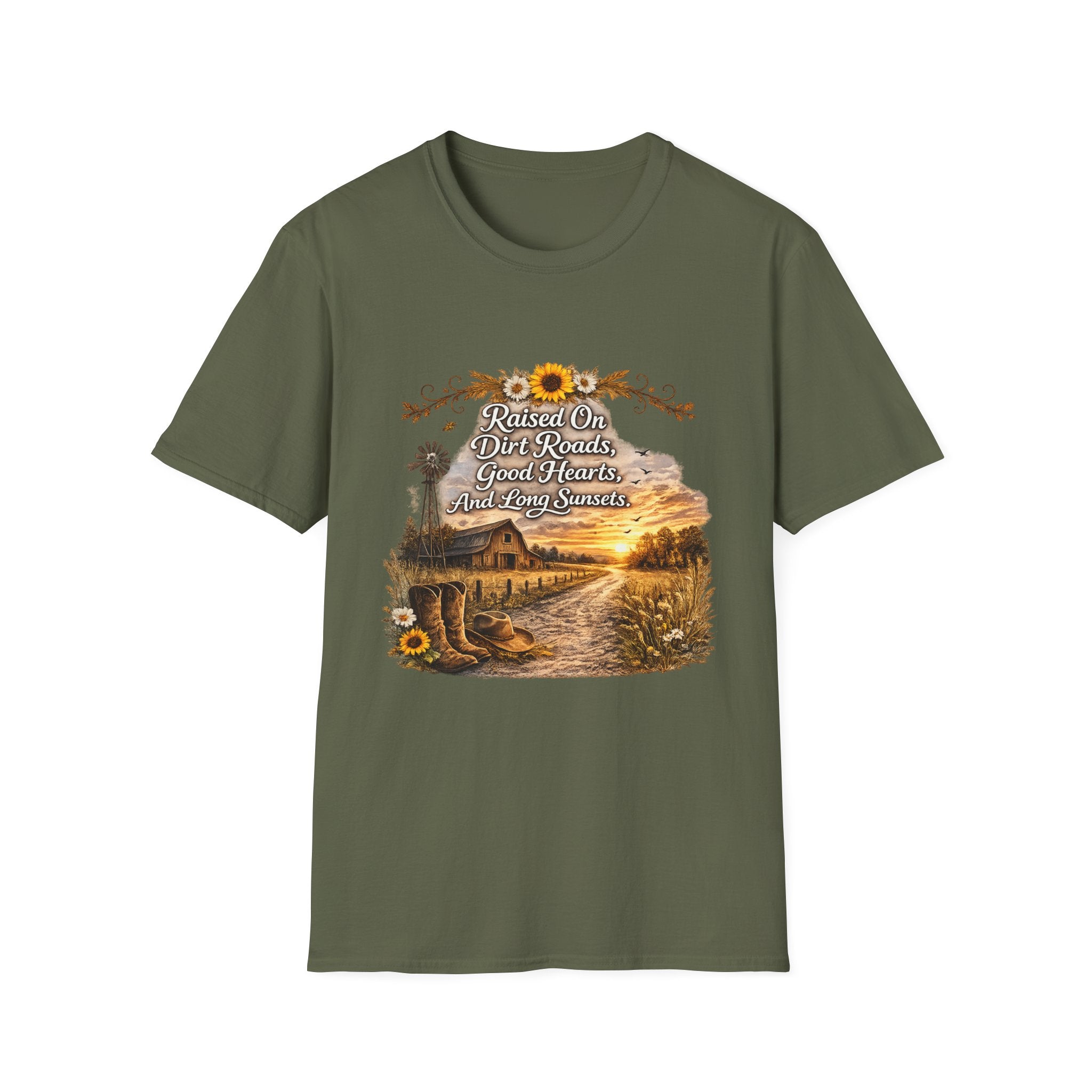 "Raised On Dirt Roads, Good Hearts, And Long Sunsets" Rustic Country Tee — T-Shirt