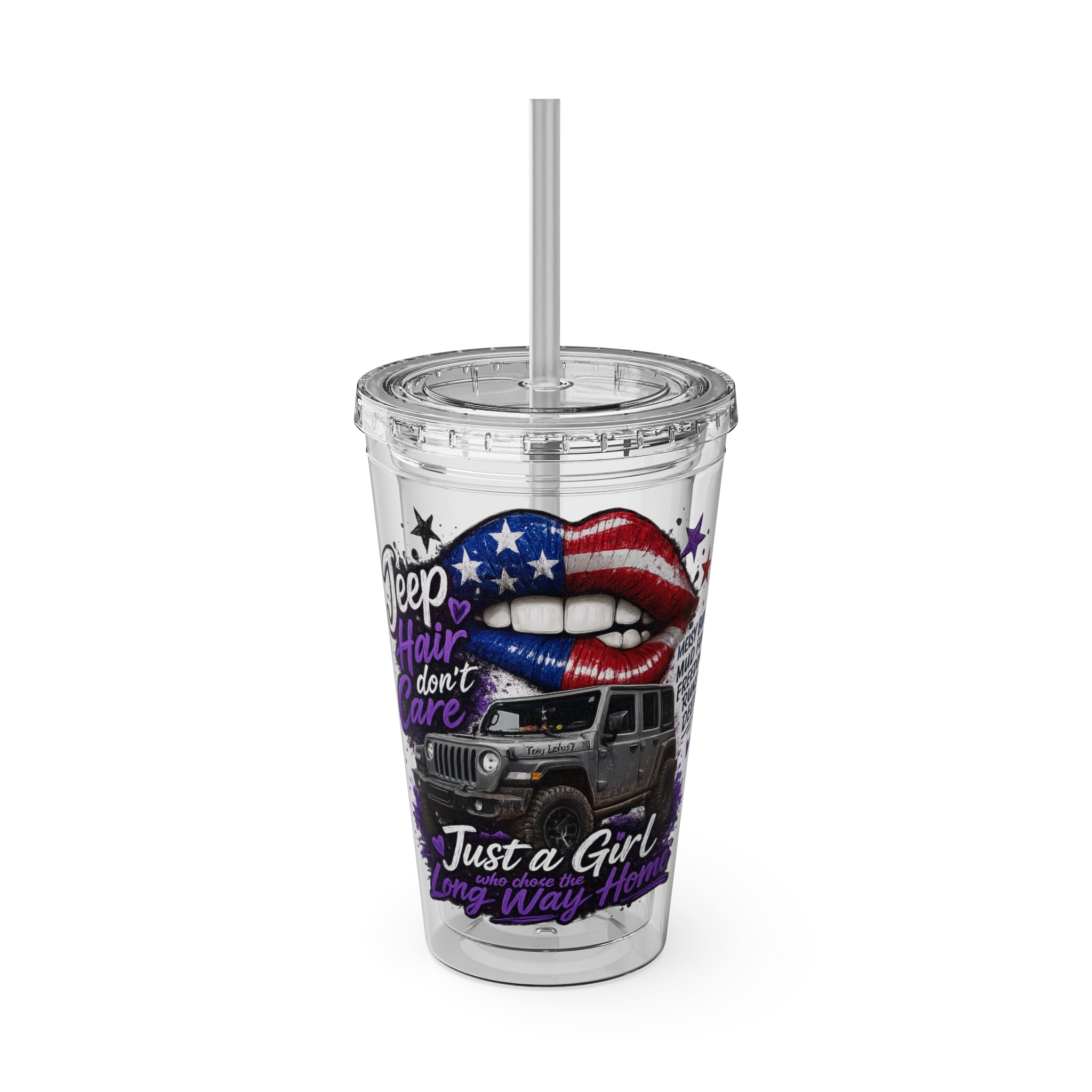Jeep Girl 16oz Tumbler with Straw — American Flag Lips ‘Jeep Hair Don’t Care’ Design
