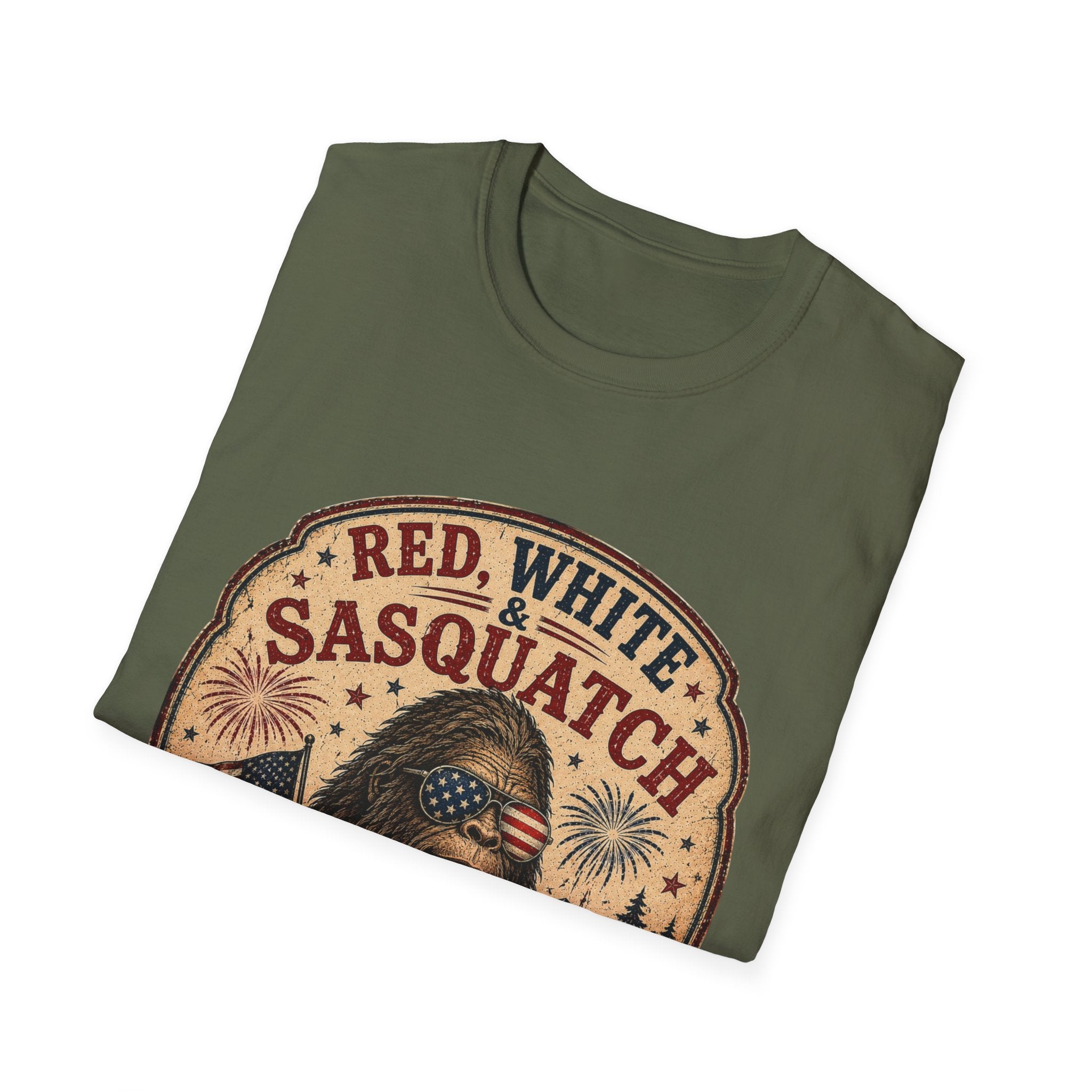 Red, White & Sasquatch T-Shirt — Proudly Unverified Patriotic Tee