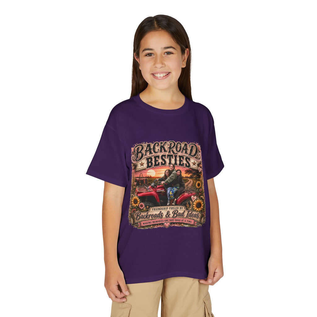 Backroad Besties Youth T‑Shirt — Vintage Tractor Sunset Kids Tee