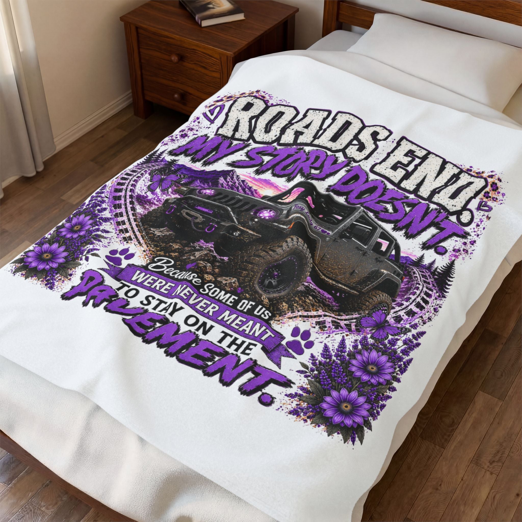 “Roads End, My Story Doesn’t” Adventure Throw (Purple) — Off-Road Jeep Plush Blanket