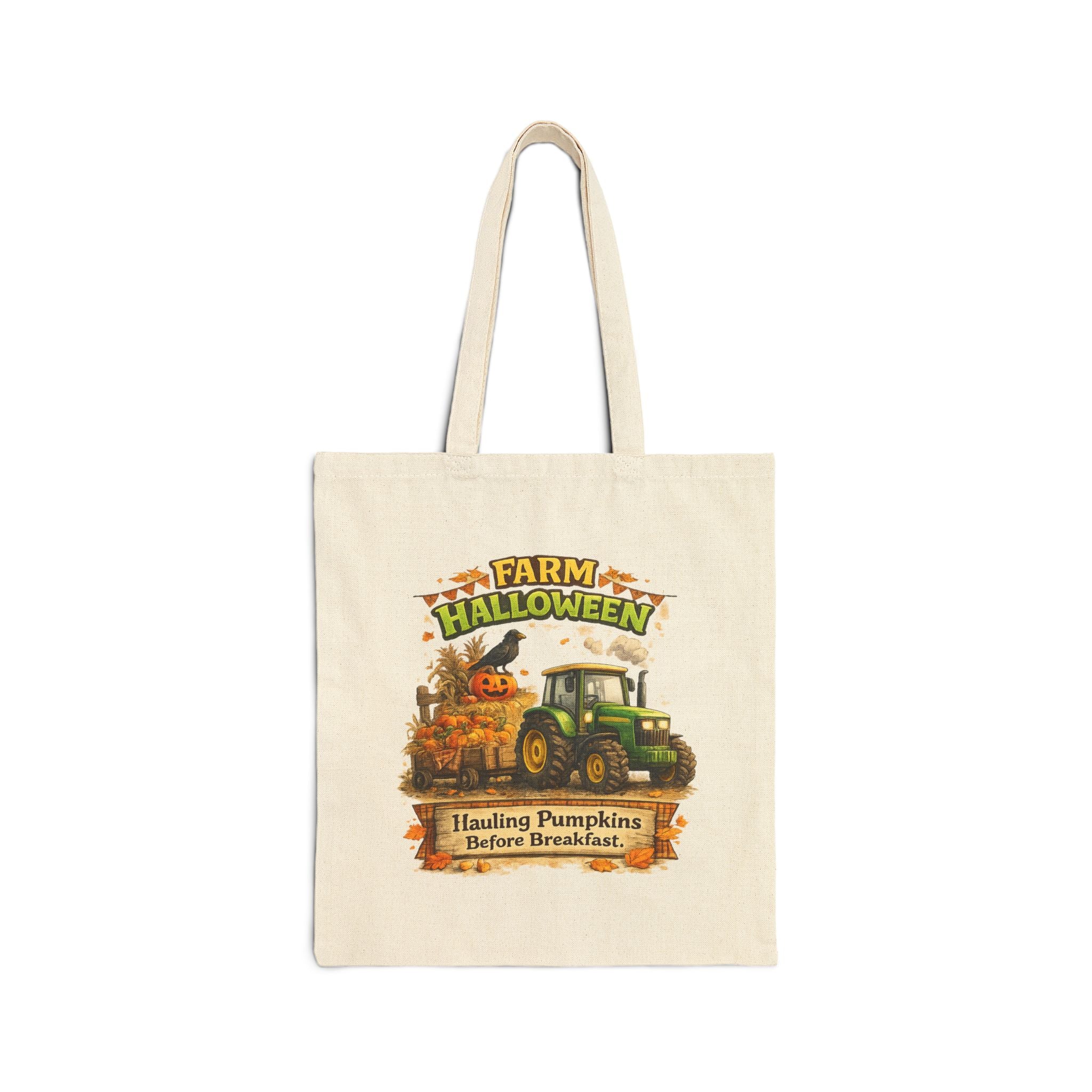 Farm Halloween Tote Bag — "Hauling Pumpkins Before Breakfast" Cotton Canvas Tote