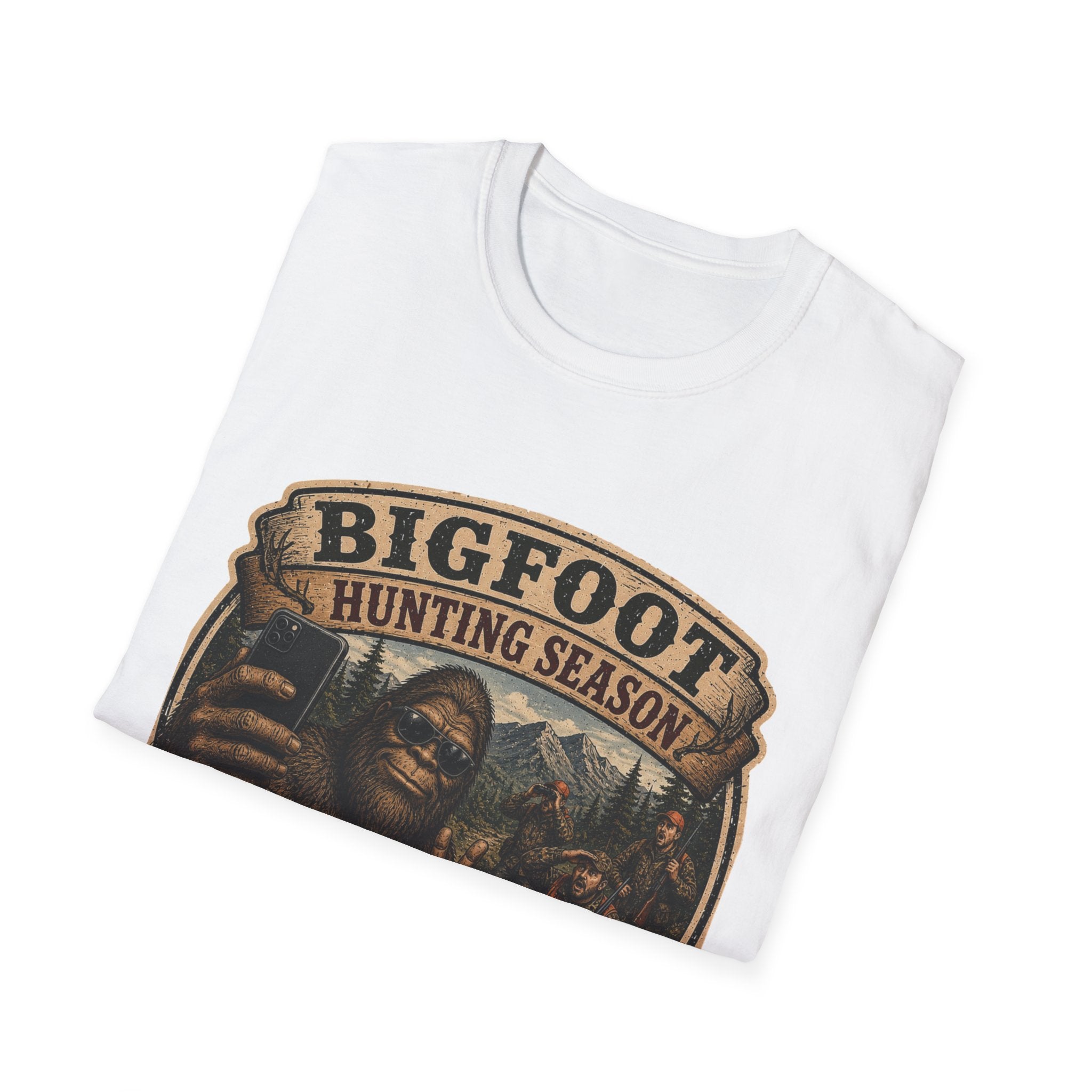 Bigfoot Hunting Season T-Shirt — 'Nice Try' Funny Sasquatch Tee