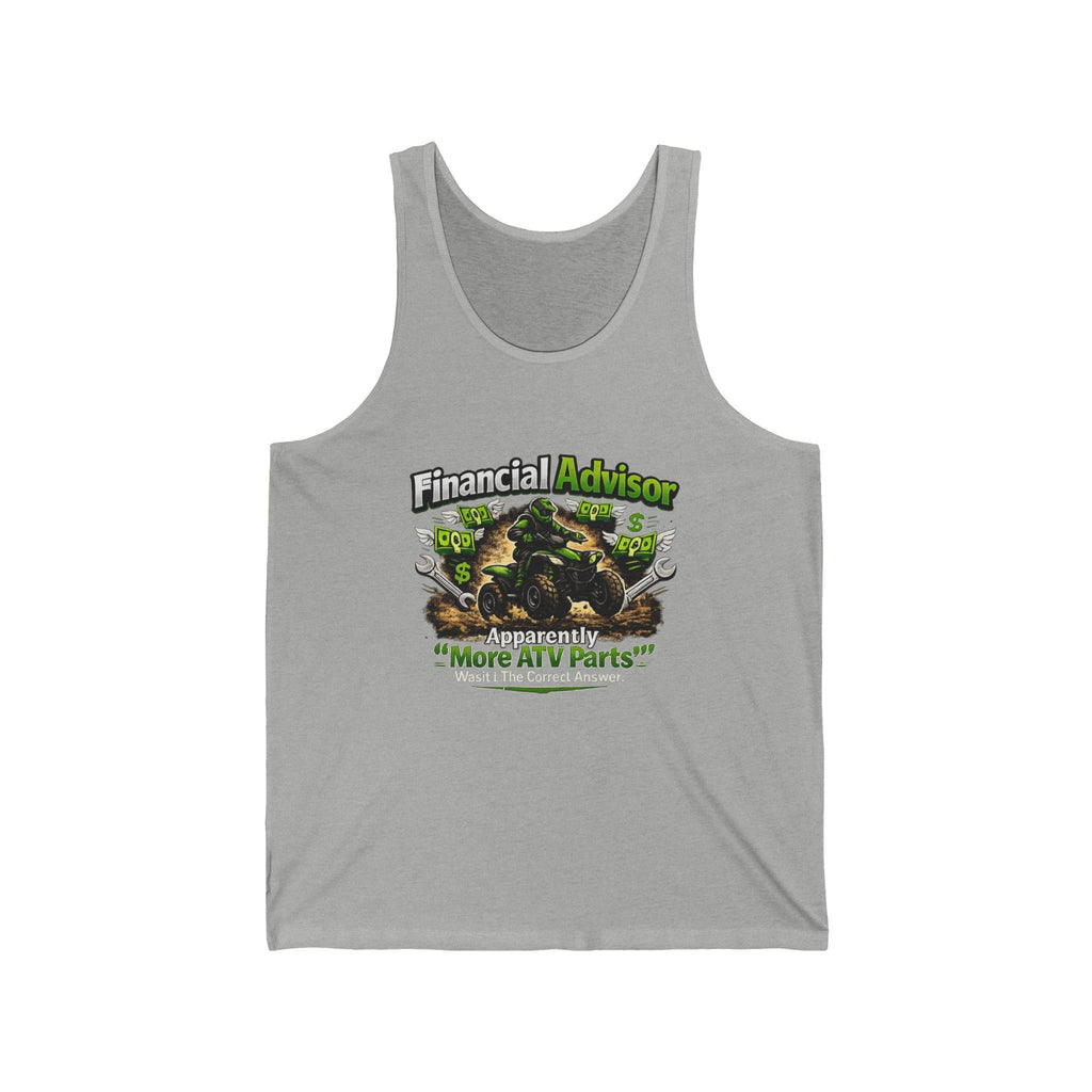 "More ATV Parts" Off-Road Finance Humor — Financial Advisor ATV Tank Top