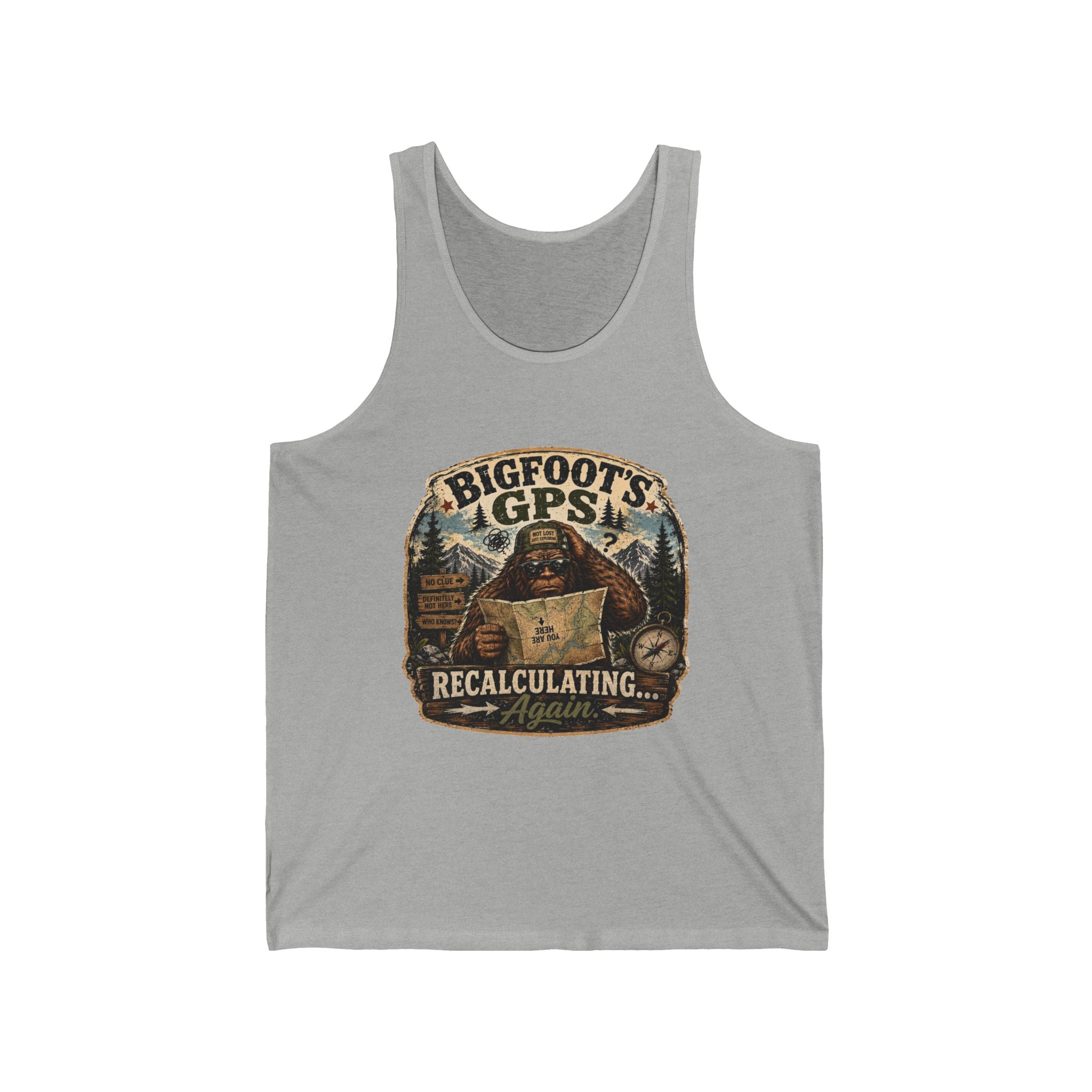 Bigfoot GPS Tank Top — Vintage ‘Recalculating… Again’ Sasquatch Tank