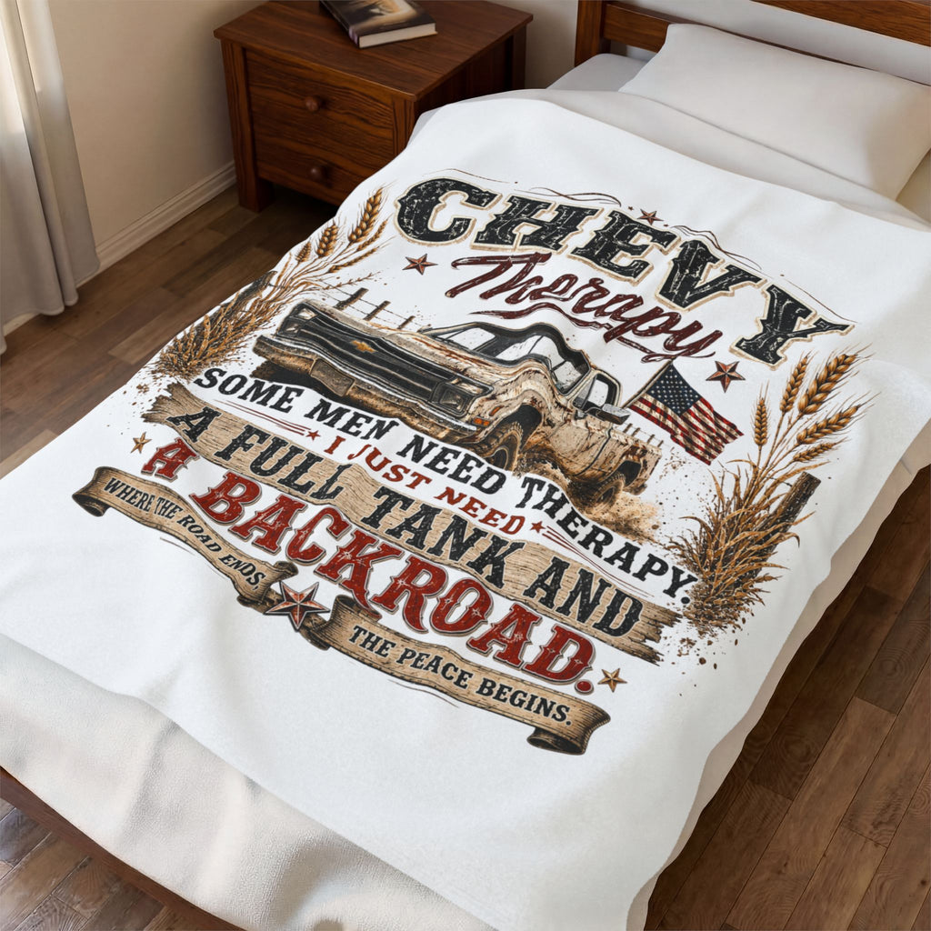 'Some Men Need Therapy... A Full Tank and A Backroad' Cozy Truck Throw — Chevy Therapy Plush Blanket