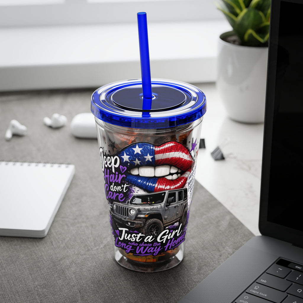 Jeep Girl 16oz Tumbler with Straw — American Flag Lips ‘Jeep Hair Don’t Care’ Design