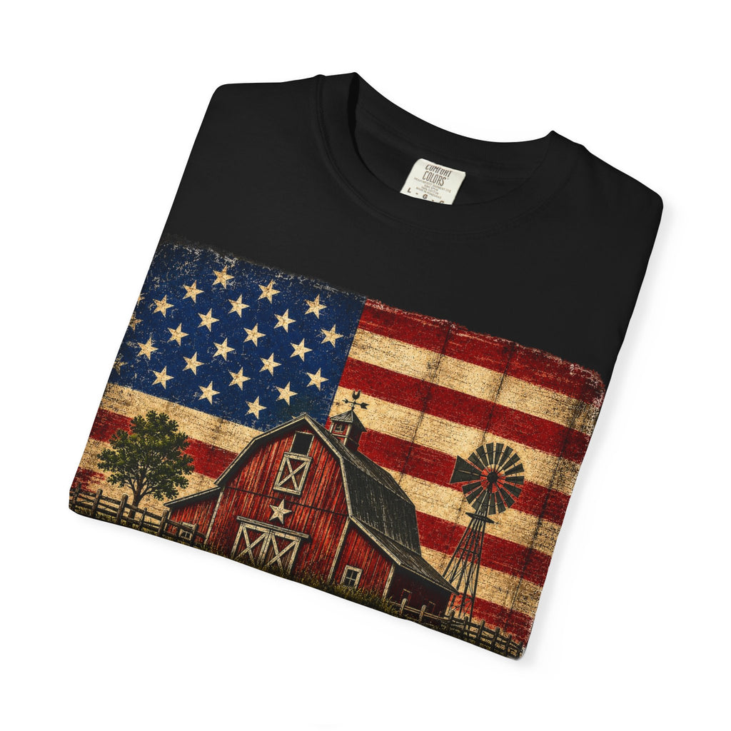 Small Town Big Freedom T-Shirt — Vintage American Flag Barn Tee