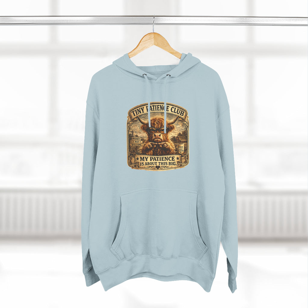 Tiny Patience Club Highland Cow Three-Panel Fleece Hoodie