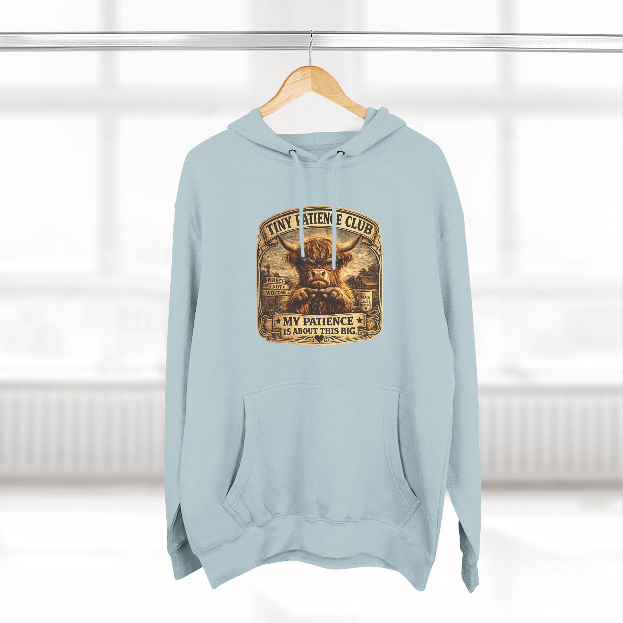 Tiny Patience Club Highland Cow Three-Panel Fleece Hoodie