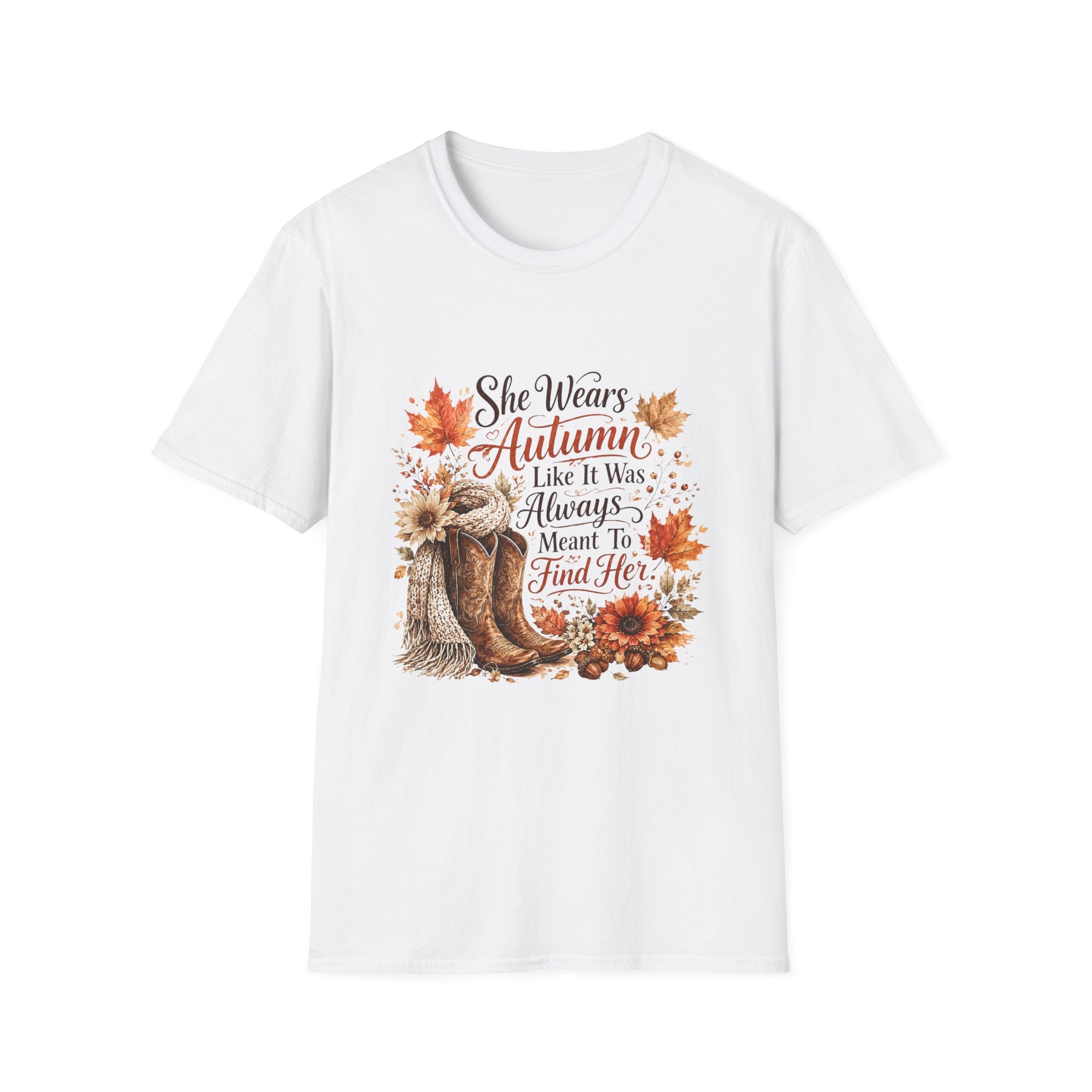 “She Wears Autumn Like It Was Always Meant To Find Her” Fall Graphic T-Shirt — Autumn Tee
