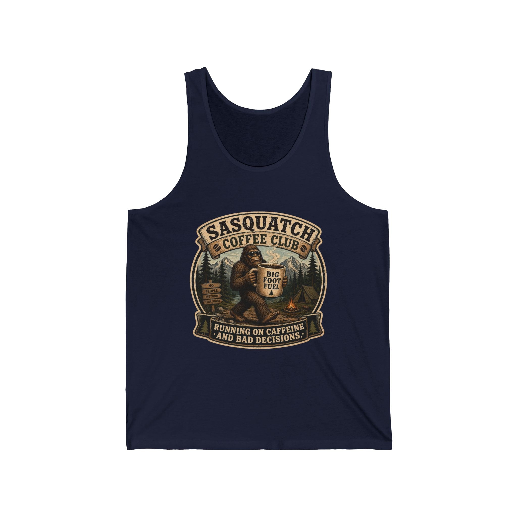 Sasquatch Coffee Club Tank Top — 'Running on Caffeine and Bad Decisions' Graphic Tank