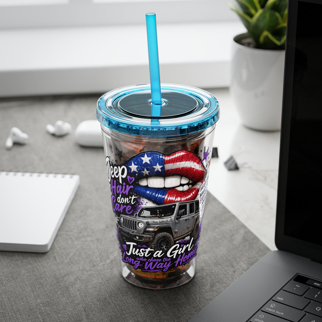 Jeep Girl 16oz Tumbler with Straw — American Flag Lips ‘Jeep Hair Don’t Care’ Design