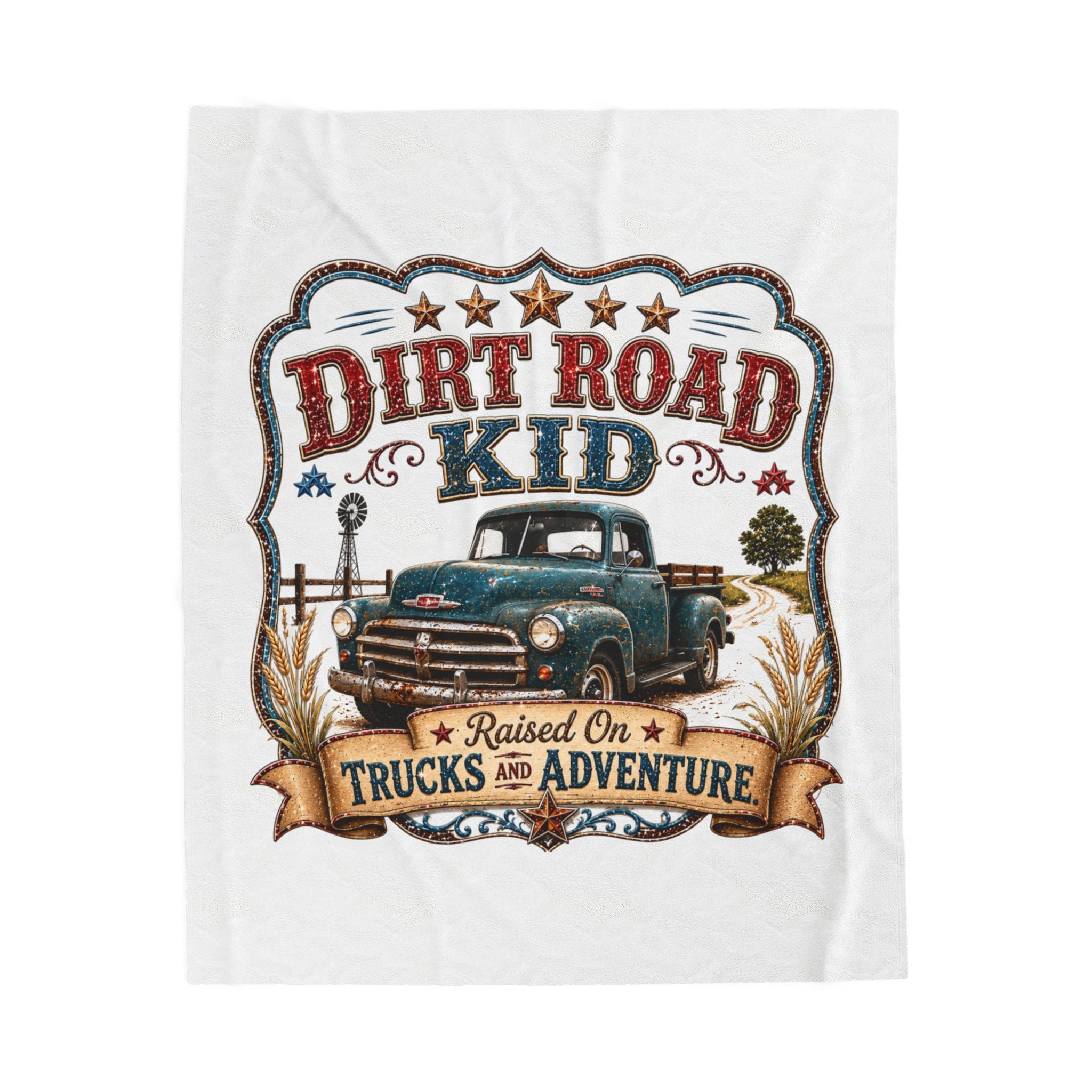 "Dirt Road Kid: Raised on Trucks & Adventure" Retro Truck Throw — Velveteen Blanket