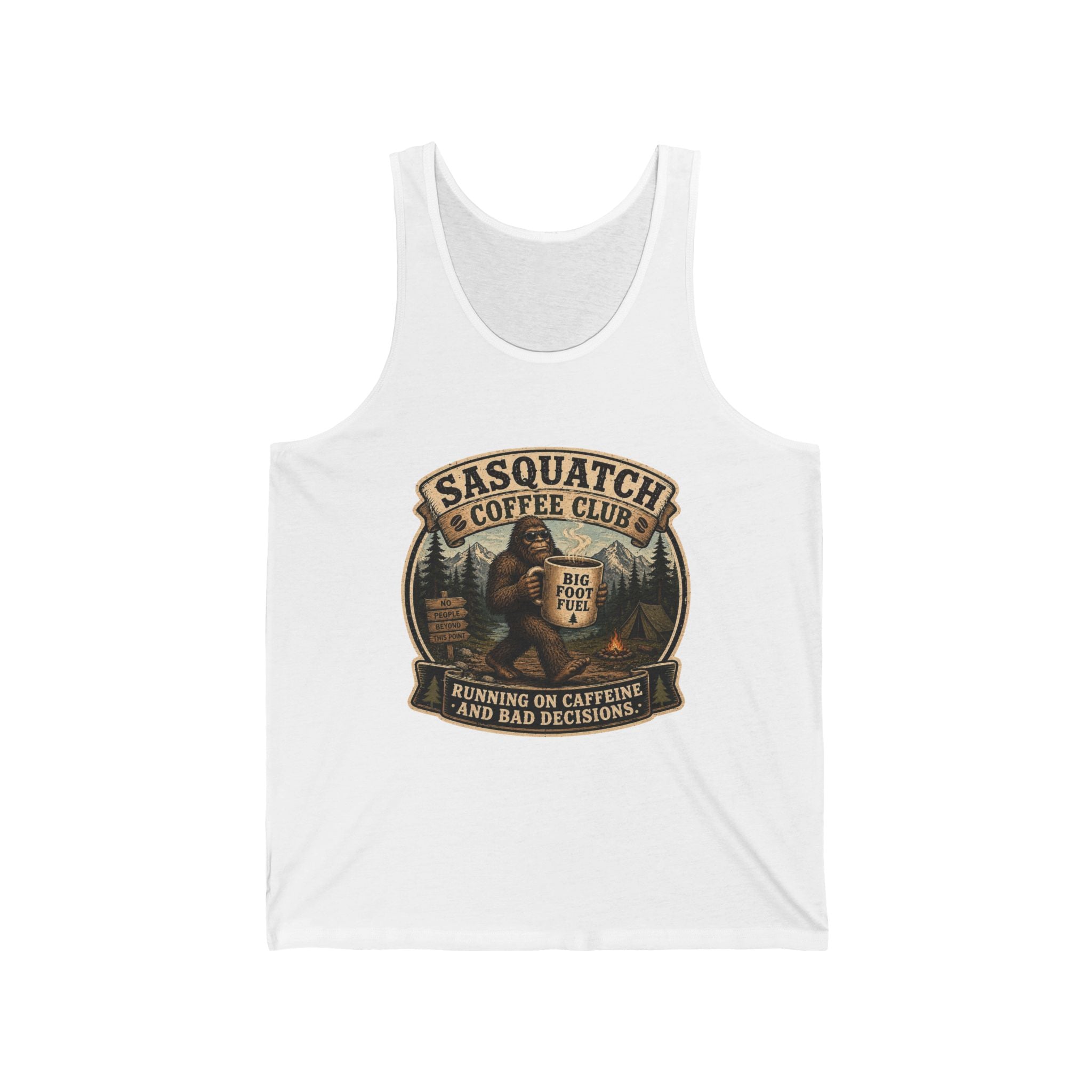 Sasquatch Coffee Club Tank Top — 'Running on Caffeine and Bad Decisions' Graphic Tank