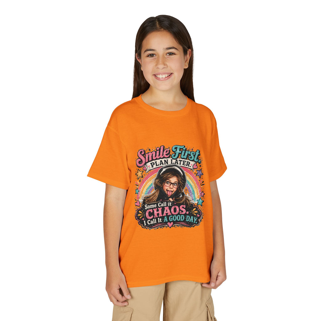 "Smile First, Plan Later" Funny Chaos Rainbow Kids Tee — Youth T-Shirt
