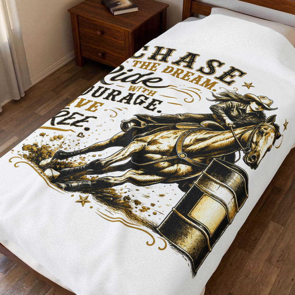 "Chase the Dream. Ride with Courage. Live Free." — (Gold) Barrel Racing Velveteen Plush Blanket