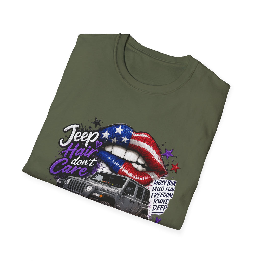 Jeep Hair Don't Care T-Shirt — American Flag Lips Off-Road Truck Tee
