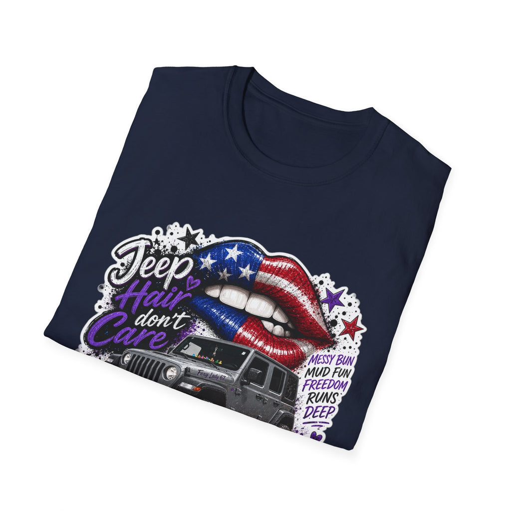 Jeep Hair Don't Care T-Shirt — American Flag Lips Off-Road Truck Tee