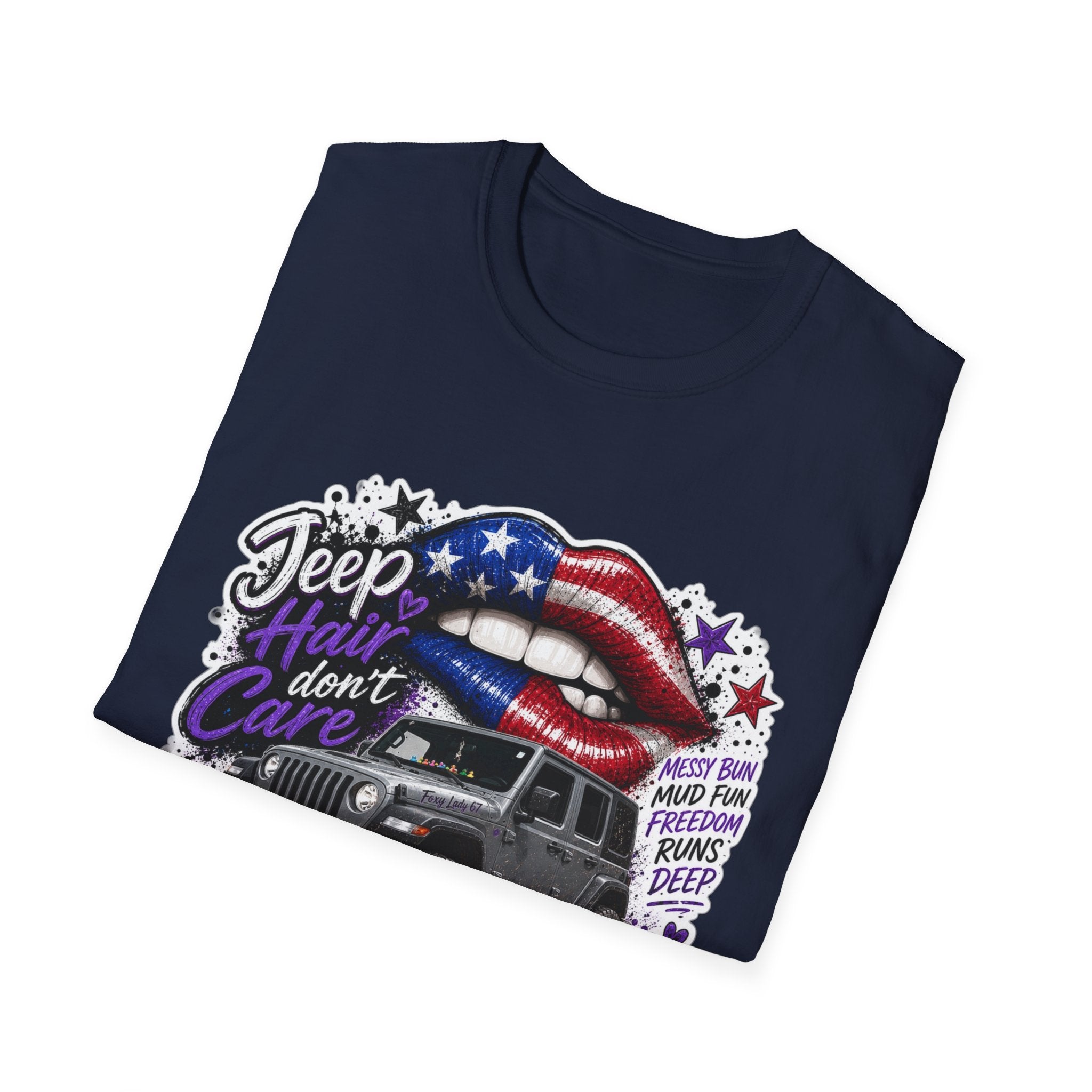 Jeep Hair Don't Care T-Shirt — American Flag Lips Off-Road Truck Tee