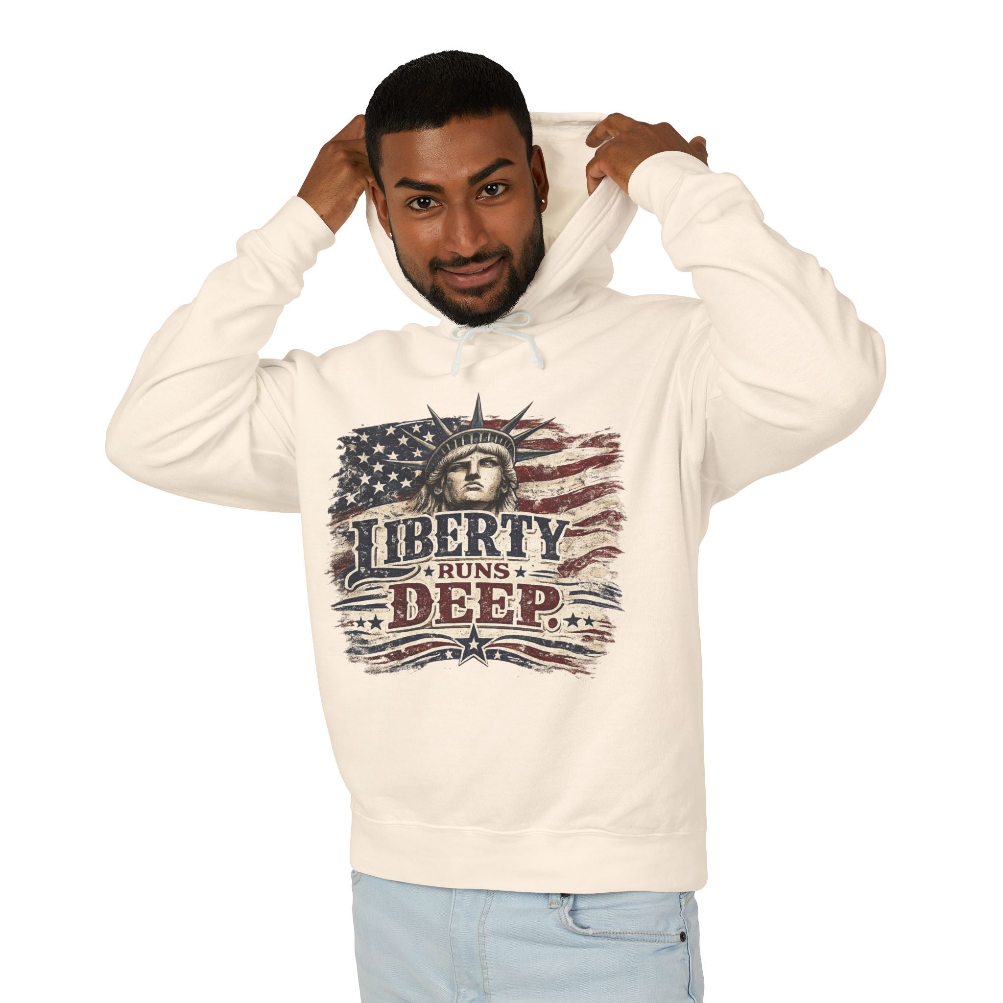 Liberty Runs Deep Hoodie — Patriotic Statue of Liberty Flag Sweatshirt