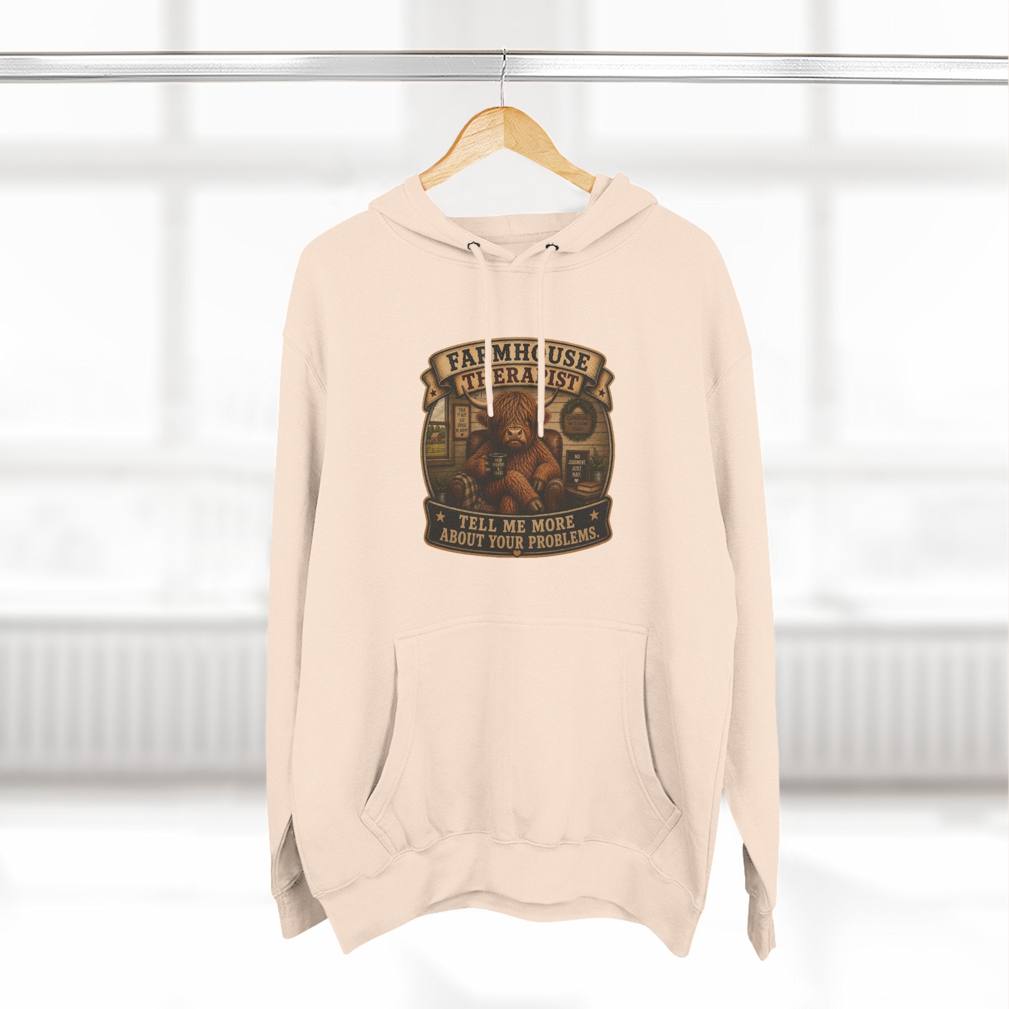 Farmhouse Therapist Highland Cow Three-Panel Fleece Hoodie