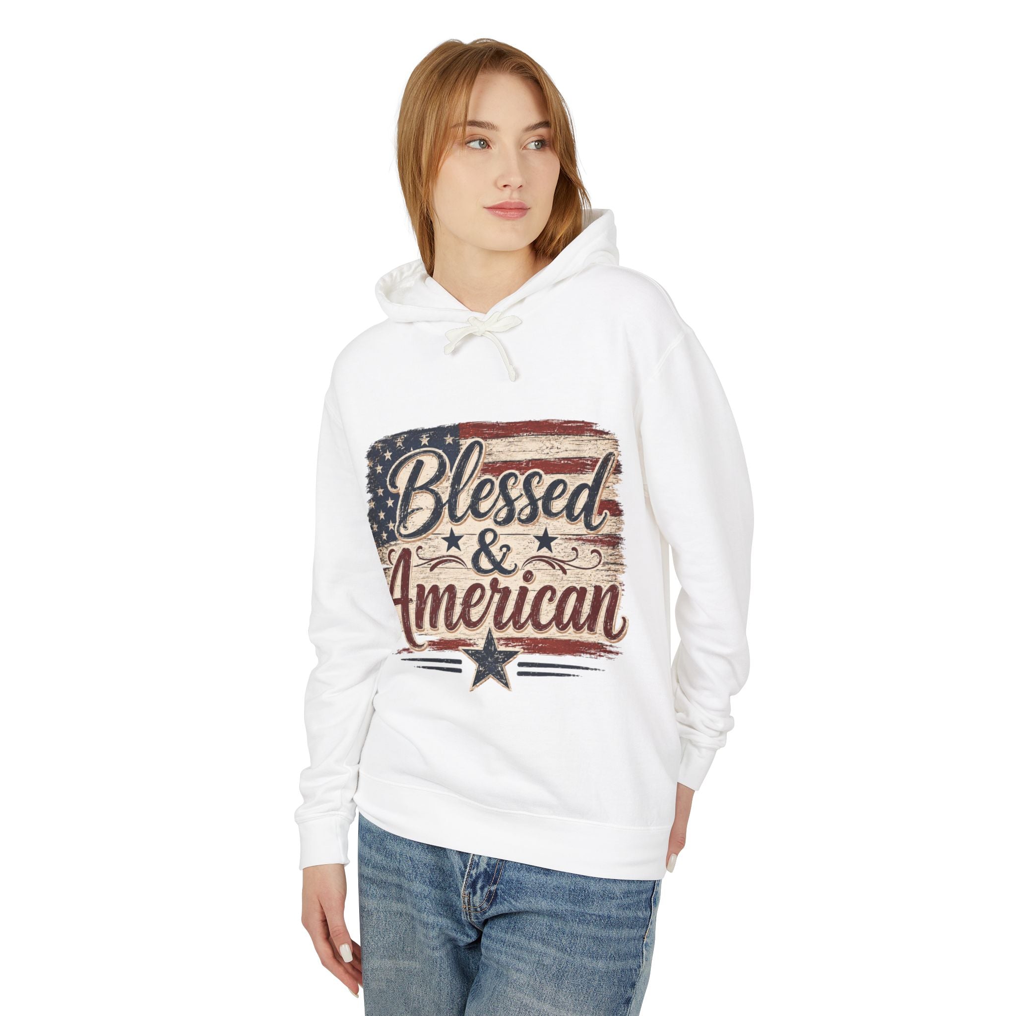 Blessed & American Hoodie — Patriotic Flag Graphic Lightweight Sweatshirt