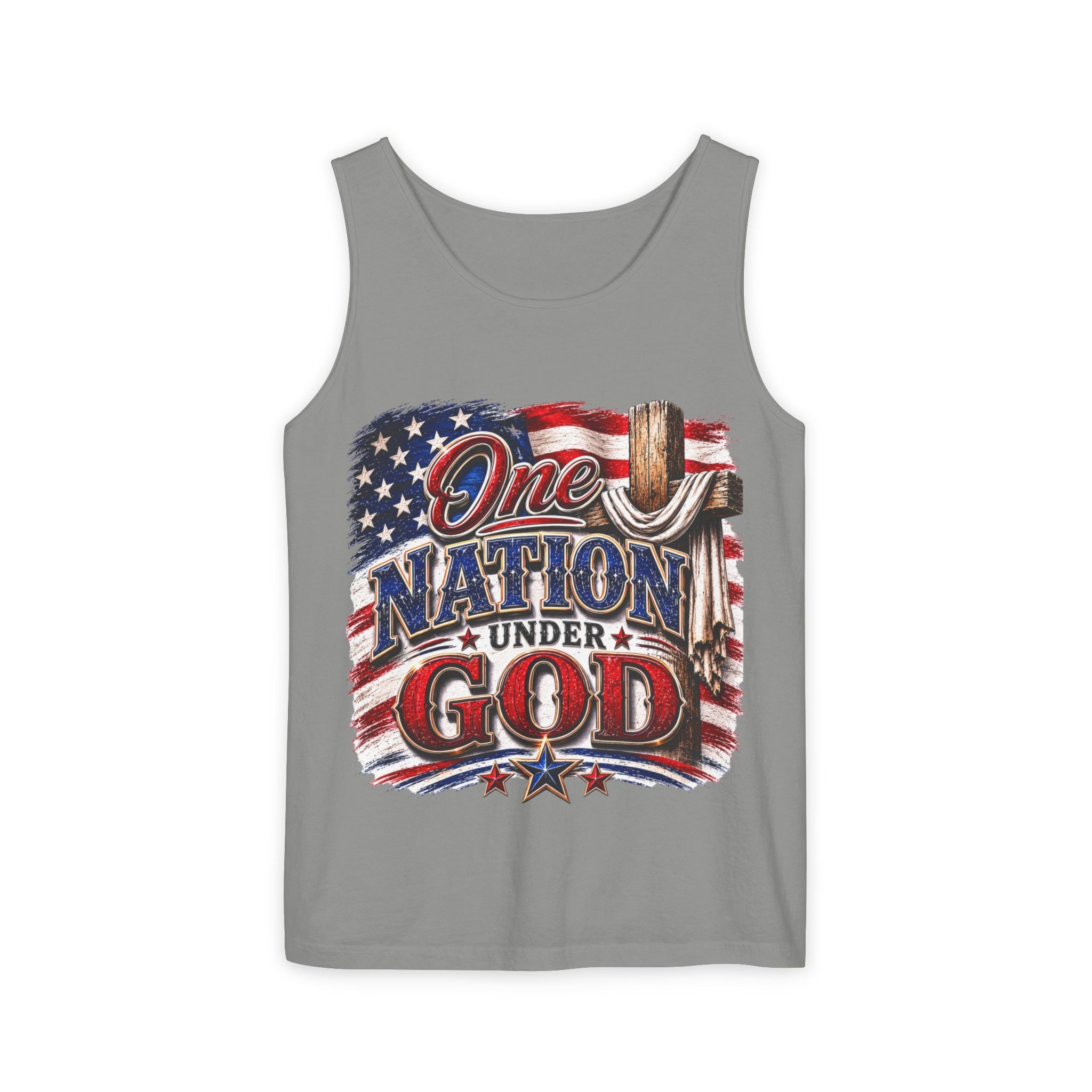 One Nation Under God Tank Top — Patriotic American Flag & Cross Sleeveless Shirt