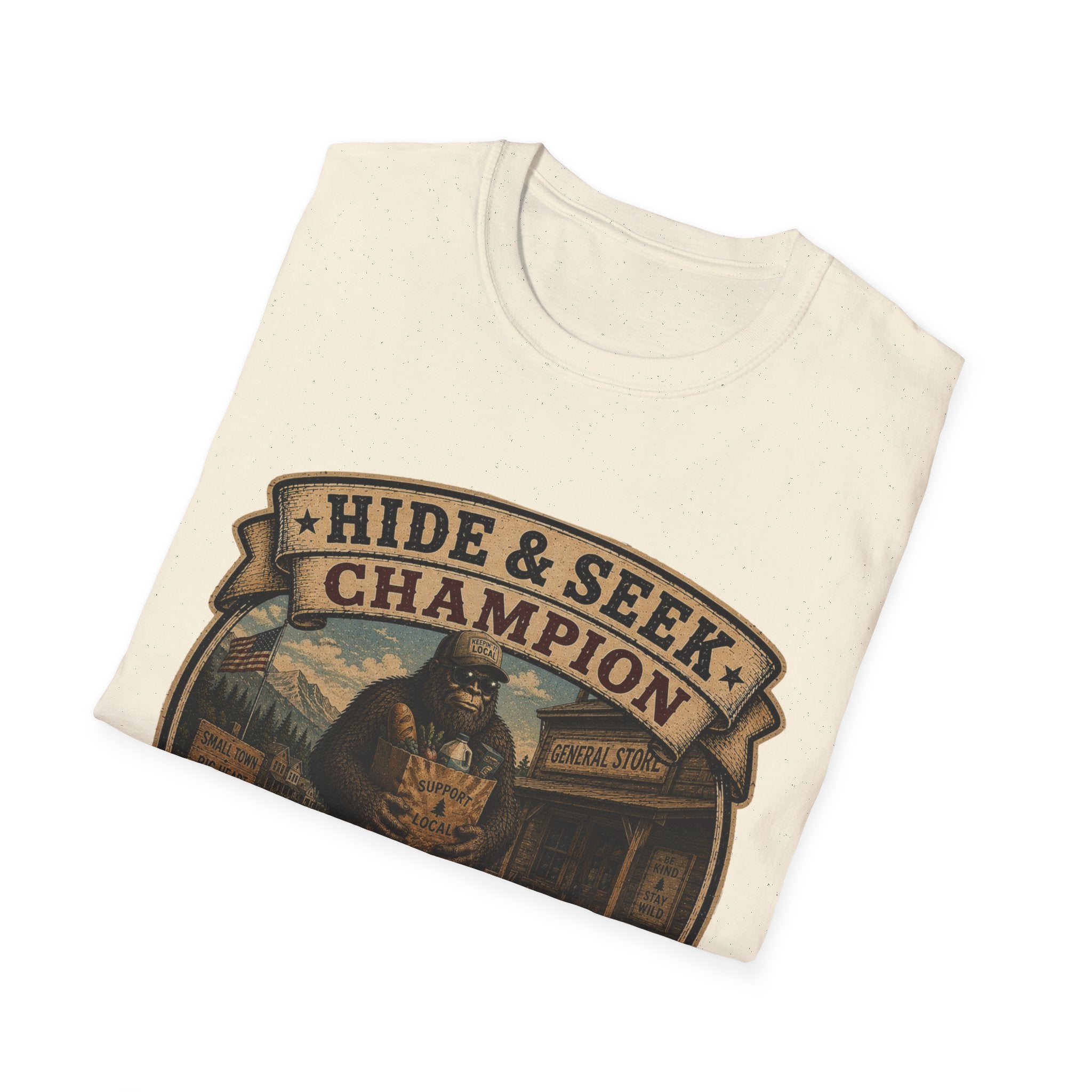 Hide & Seek Champion T-Shirt — Bigfoot Sasquatch Vintage Badge Design
