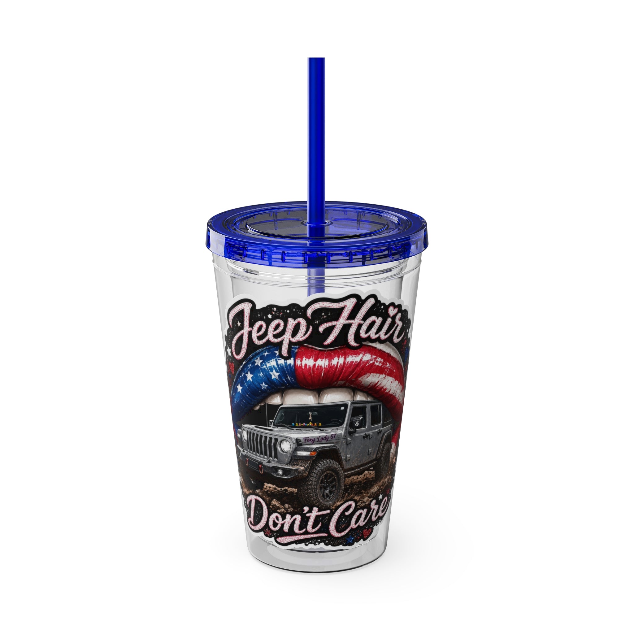 Jeep Hair Don't Care 16oz Tumbler with Straw — Patriotic Off-Road Truck Design