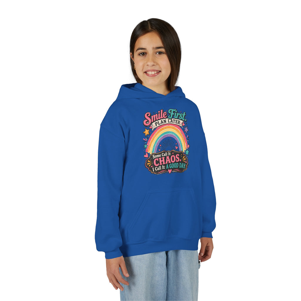 "Smile First, Plan Later" Rainbow Chaos Quote Pullover - Youth Hoodie -