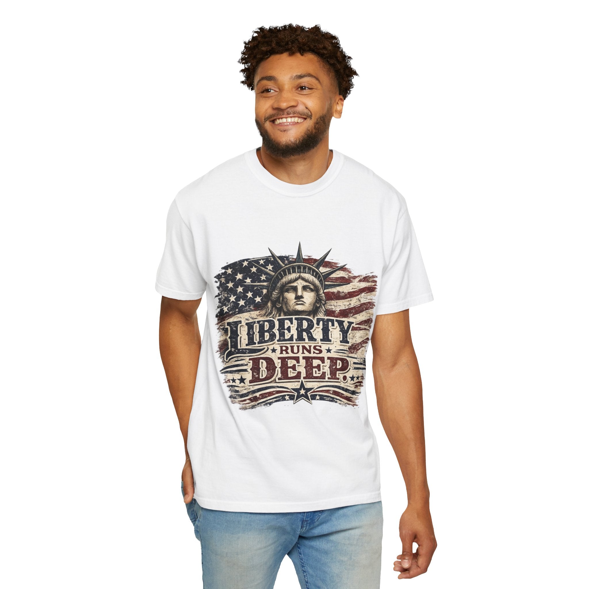 Liberty Runs Deep T-Shirt — Vintage Statue of Liberty American Flag Tee