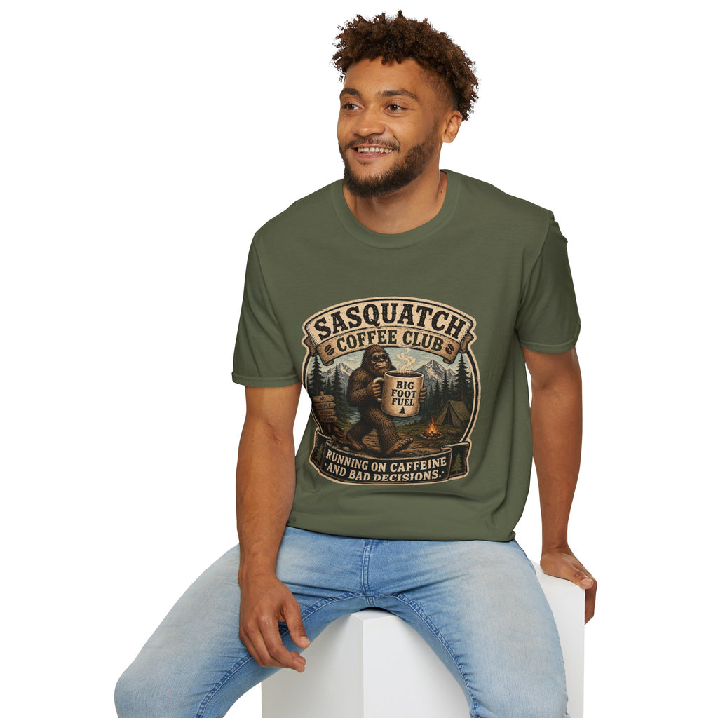 Sasquatch Coffee Club T-Shirt — "Running on Caffeine and Bad Decisions"