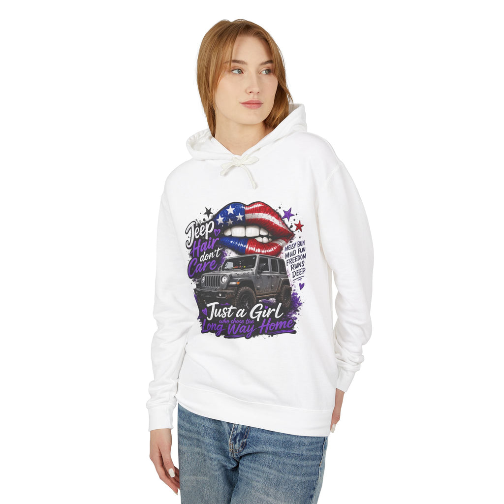 Jeep Just a Girl Hoodie – American Flag Lips Off-Road Sweatshirt