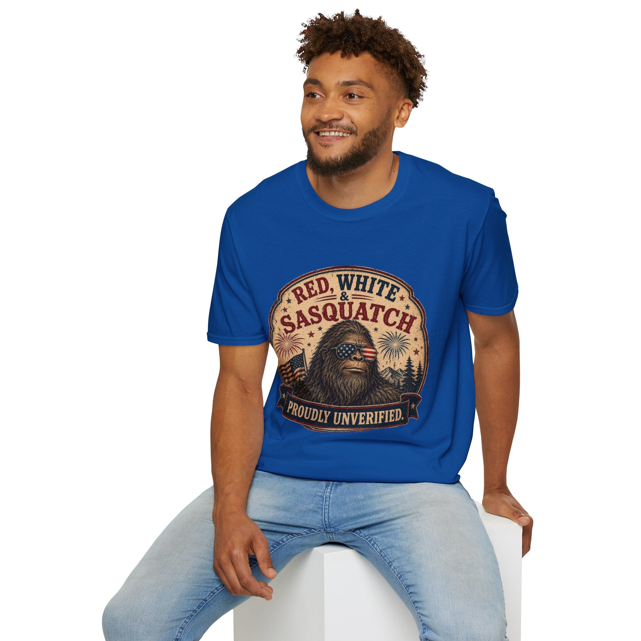Red, White & Sasquatch T-Shirt — Proudly Unverified Patriotic Tee