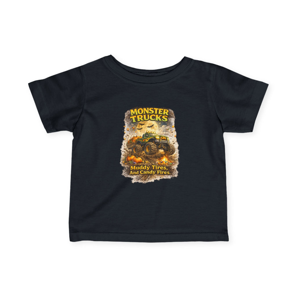 "Monster Trucks: Muddy Tires and Candy Flies" Cute Graphic Baby Shirt — Infant Tee