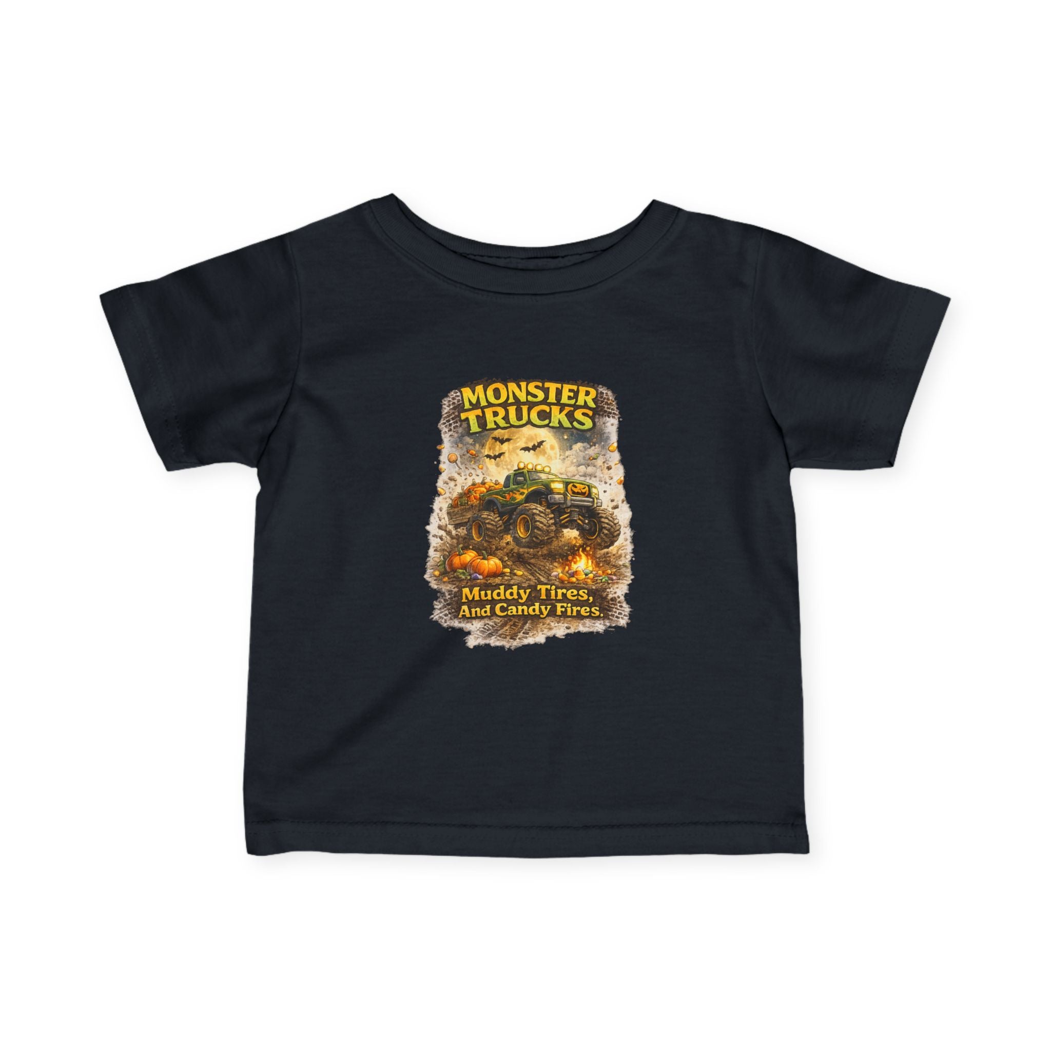 "Monster Trucks: Muddy Tires and Candy Flies" Cute Graphic Baby Shirt — Infant Tee